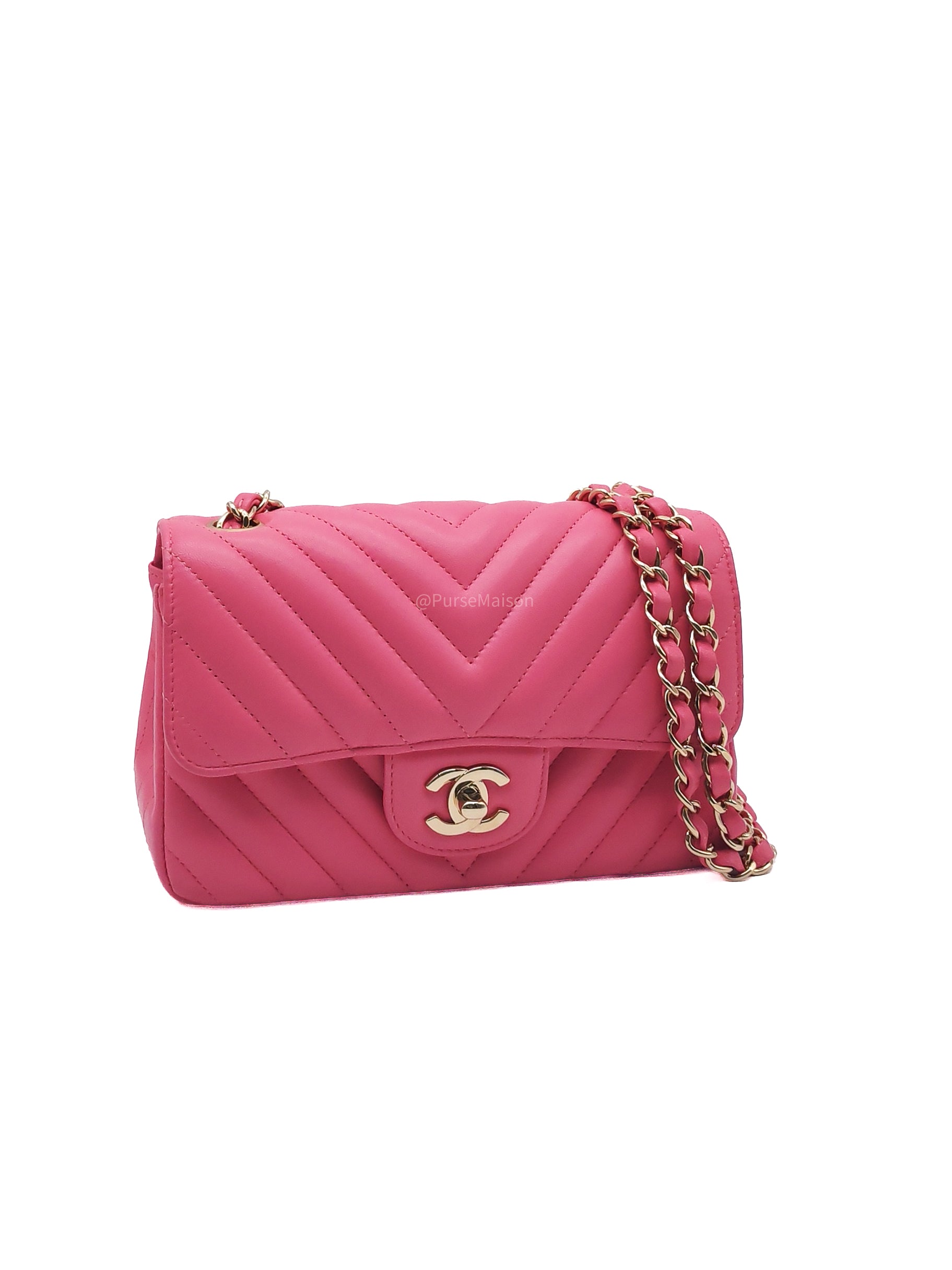 Chanel Classic Mini Rectangular Flap Bag in Pink Chevron Lambskin Leather Light Gold Hardware (Series 27)