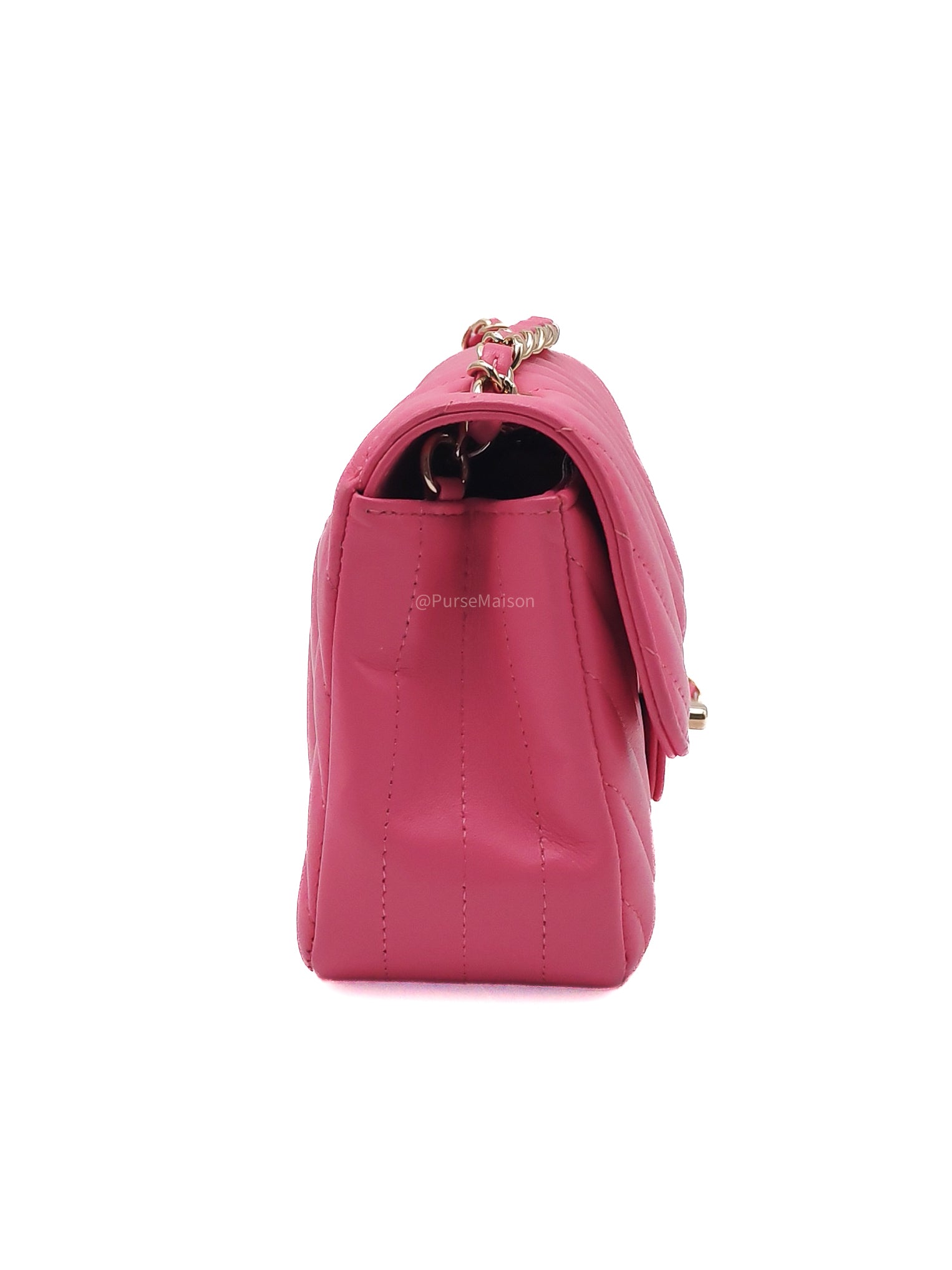 Chanel Classic Mini Rectangular Flap Bag in Pink Chevron Lambskin Leather Light Gold Hardware (Series 27)
