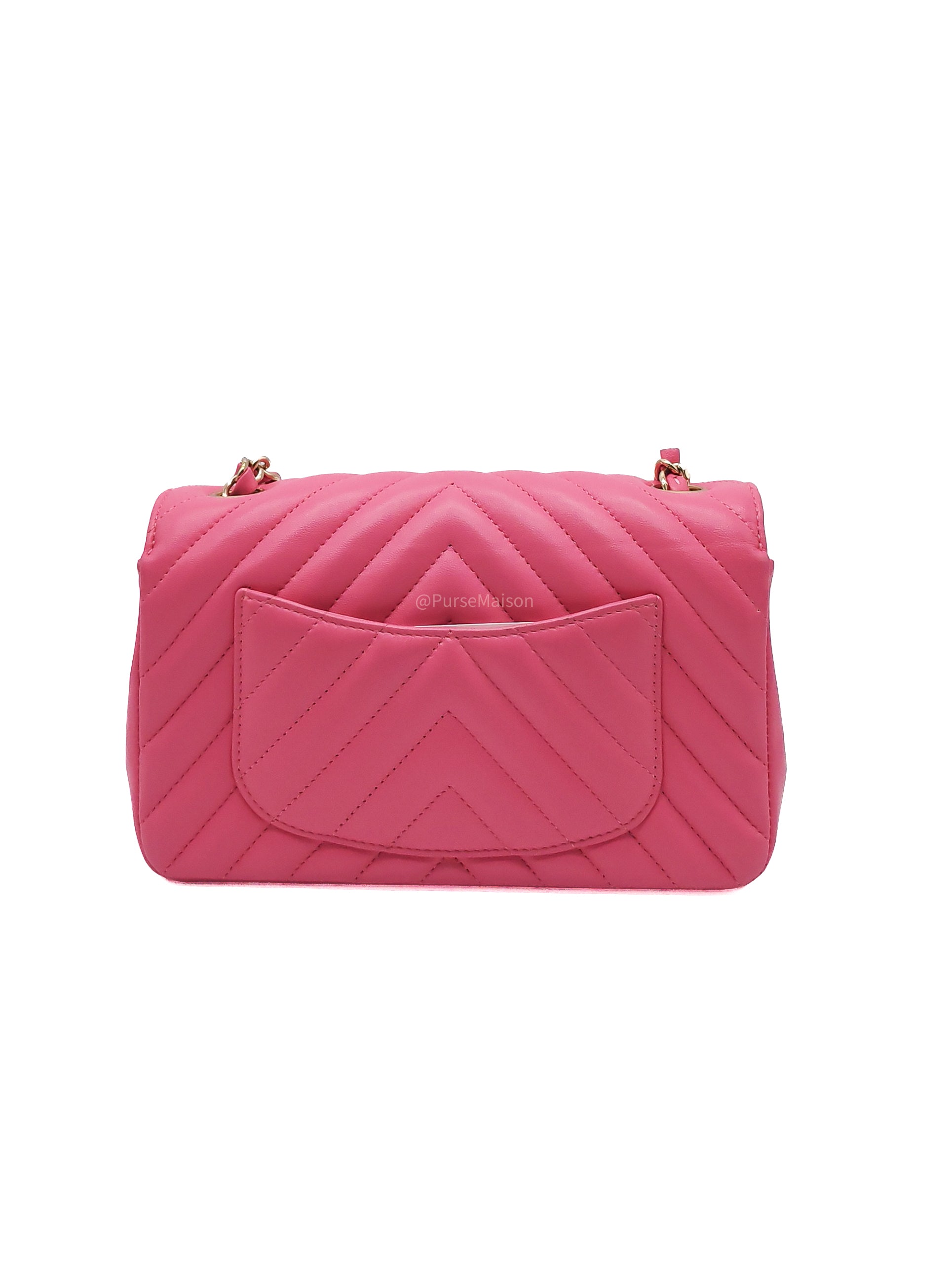 Chanel Classic Mini Rectangular Flap Bag in Pink Chevron Lambskin Leather Light Gold Hardware (Series 27)