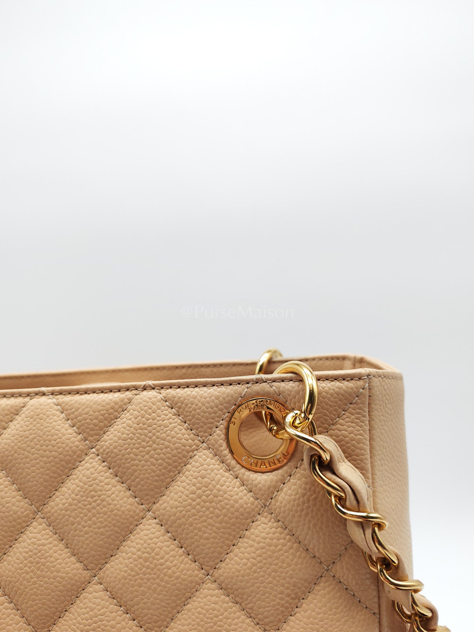 Petite Shopping Tote (PST) Beige Clair in Quilted Caviar Leather and Gold Hardware Series 14 | Purse Maison Luxury Bags Shop