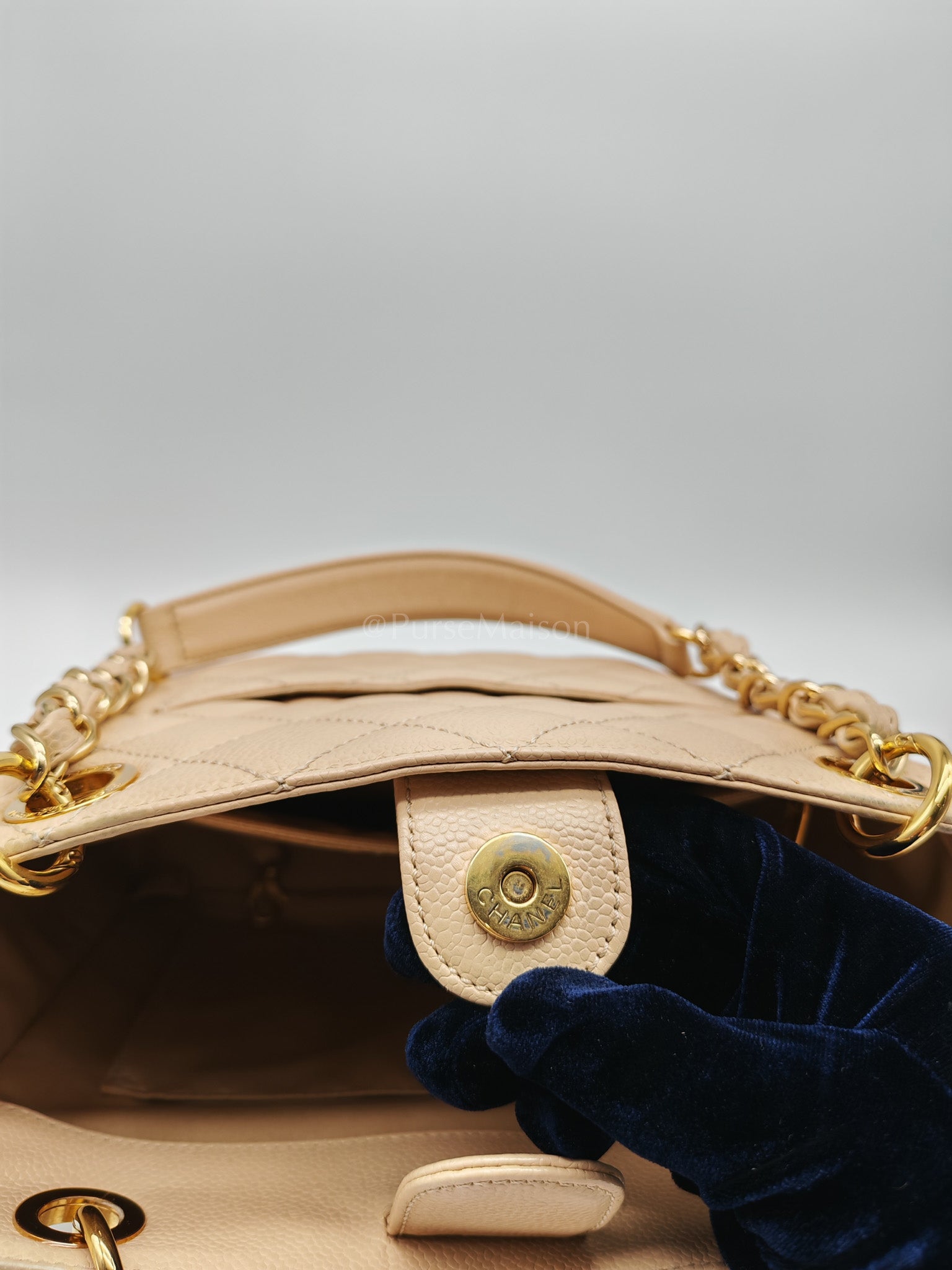 Petite Shopping Tote (PST) Beige Clair in Quilted Caviar Leather and Gold Hardware Series 14 | Purse Maison Luxury Bags Shop