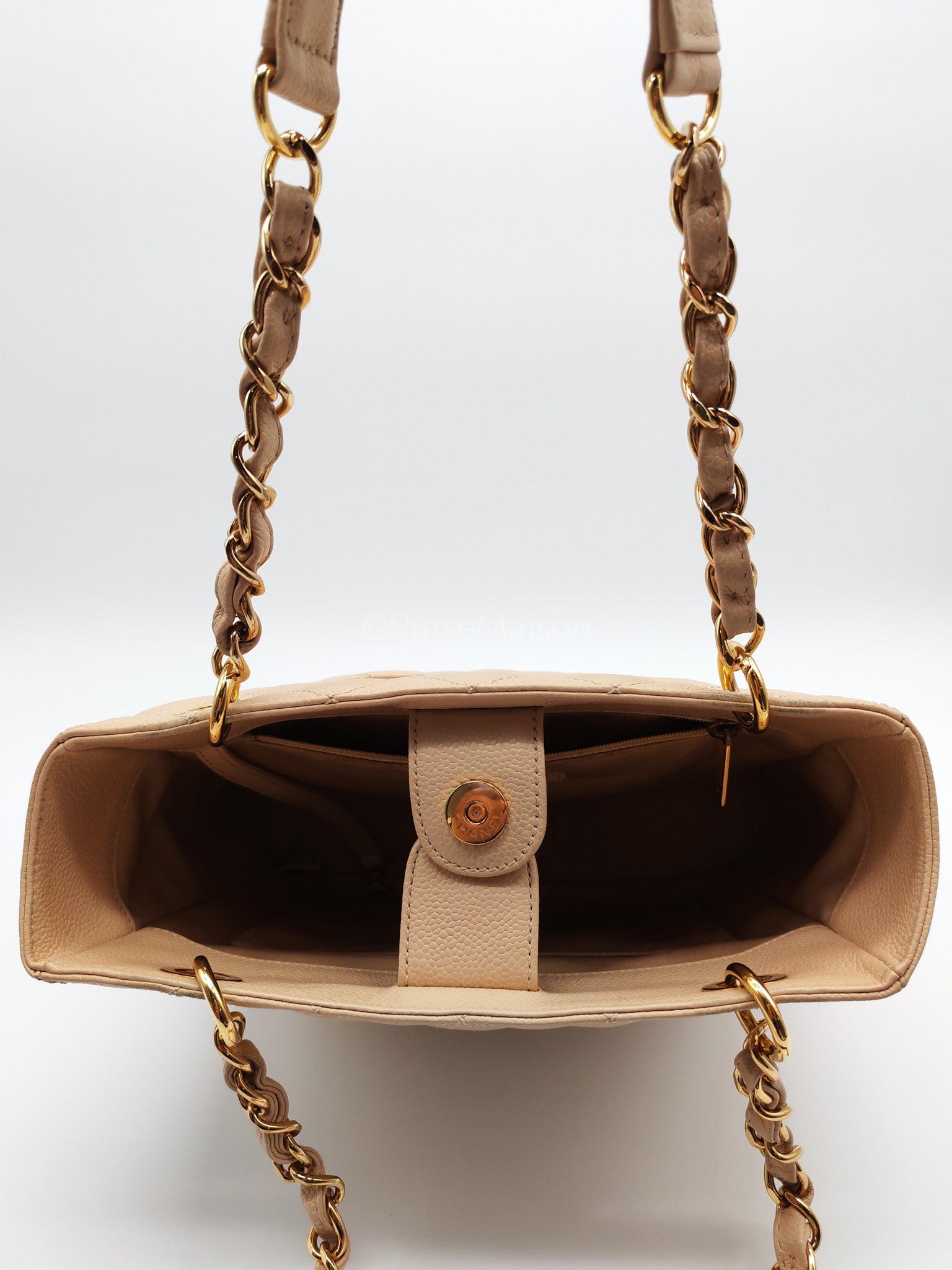 Petite Shopping Tote (PST) Beige Clair in Quilted Caviar Leather and Gold Hardware Series 14 | Purse Maison Luxury Bags Shop