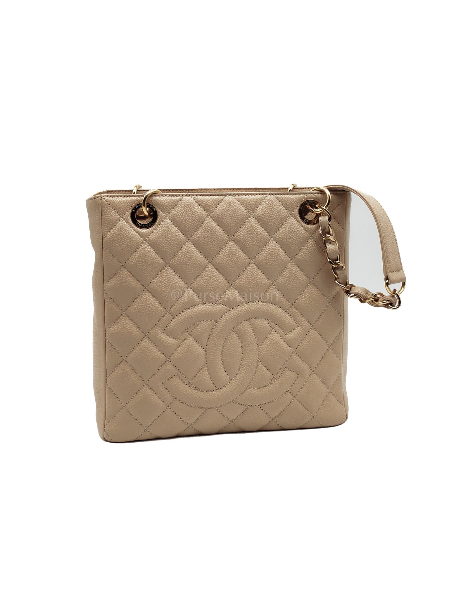 Petite Shopping Tote (PST) Beige Clair in Quilted Caviar Leather and Gold Hardware Series 14 | Purse Maison Luxury Bags Shop