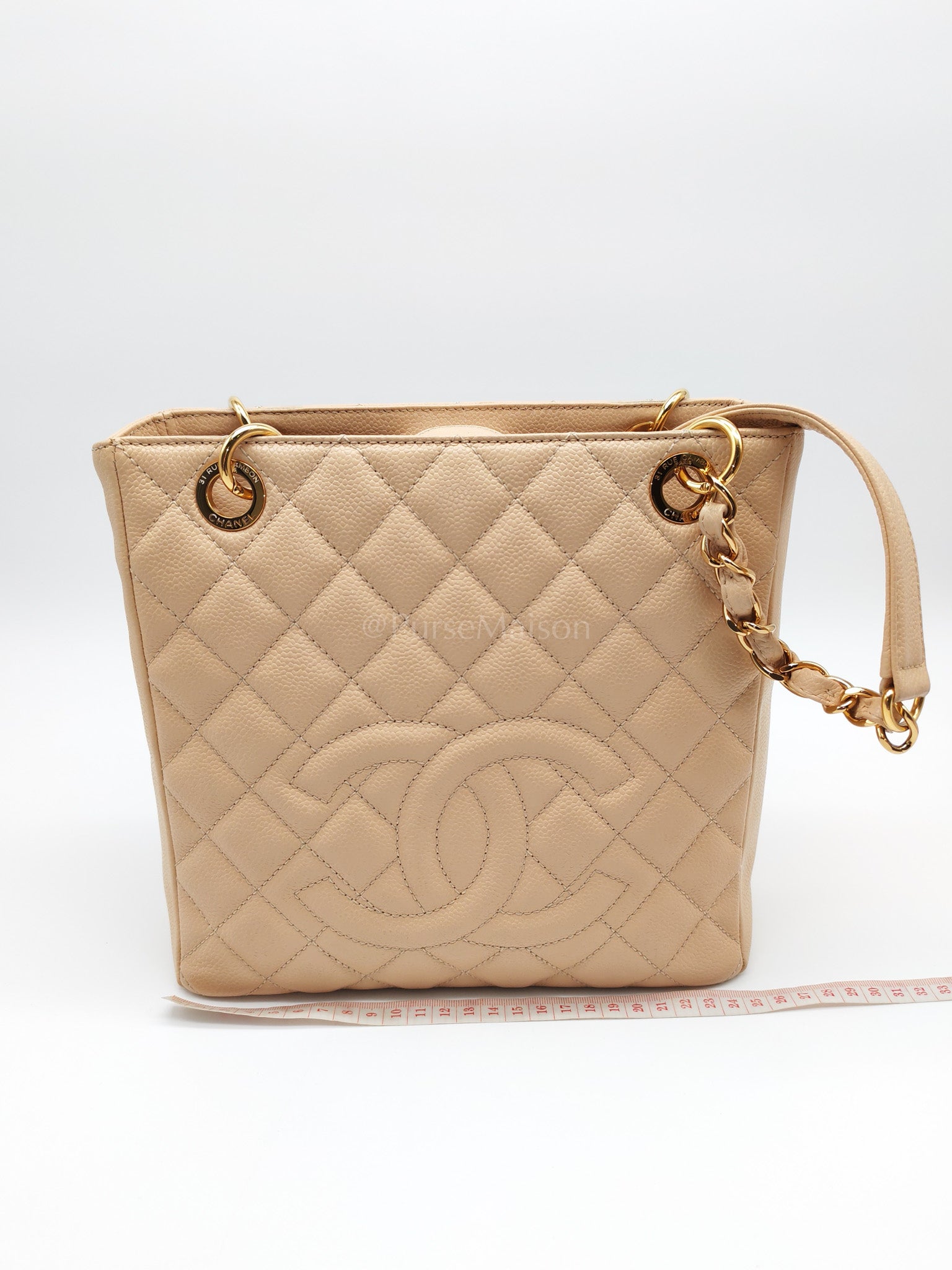 Petite Shopping Tote (PST) Beige Clair in Quilted Caviar Leather and Gold Hardware Series 14 | Purse Maison Luxury Bags Shop