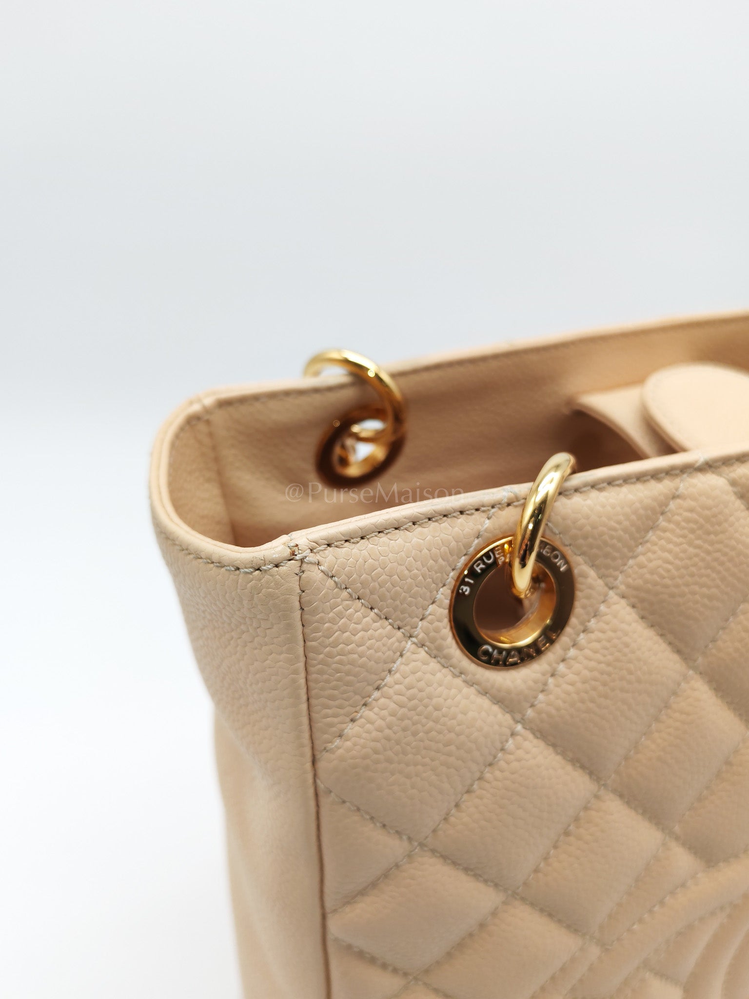Petite Shopping Tote (PST) Beige Clair in Quilted Caviar Leather and Gold Hardware Series 14 | Purse Maison Luxury Bags Shop