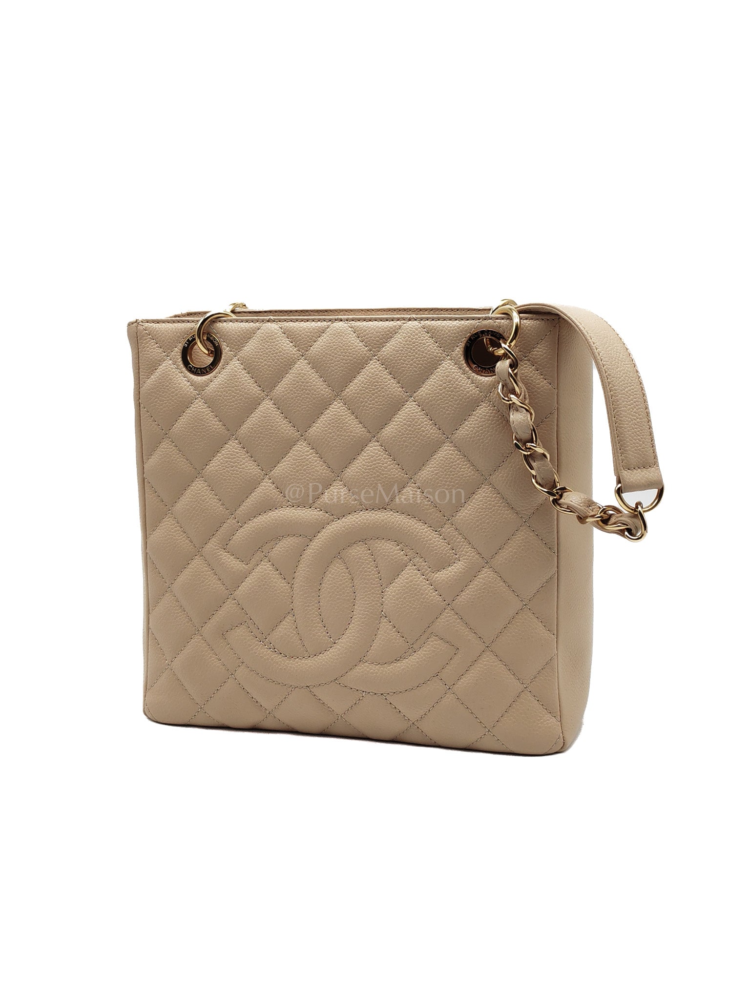 Petite Shopping Tote (PST) Beige Clair in Quilted Caviar Leather and Gold Hardware Series 14 | Purse Maison Luxury Bags Shop