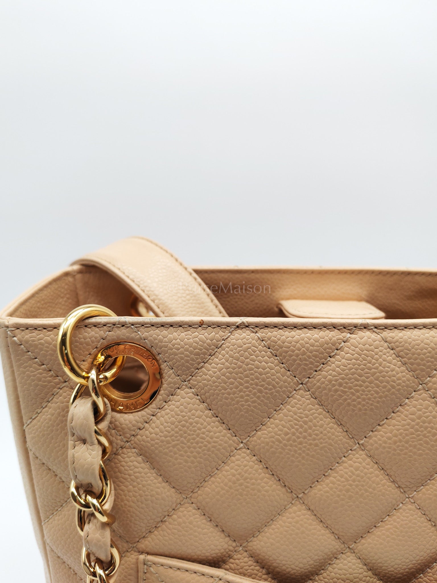 Petite Shopping Tote (PST) Beige Clair in Quilted Caviar Leather and Gold Hardware Series 14 | Purse Maison Luxury Bags Shop