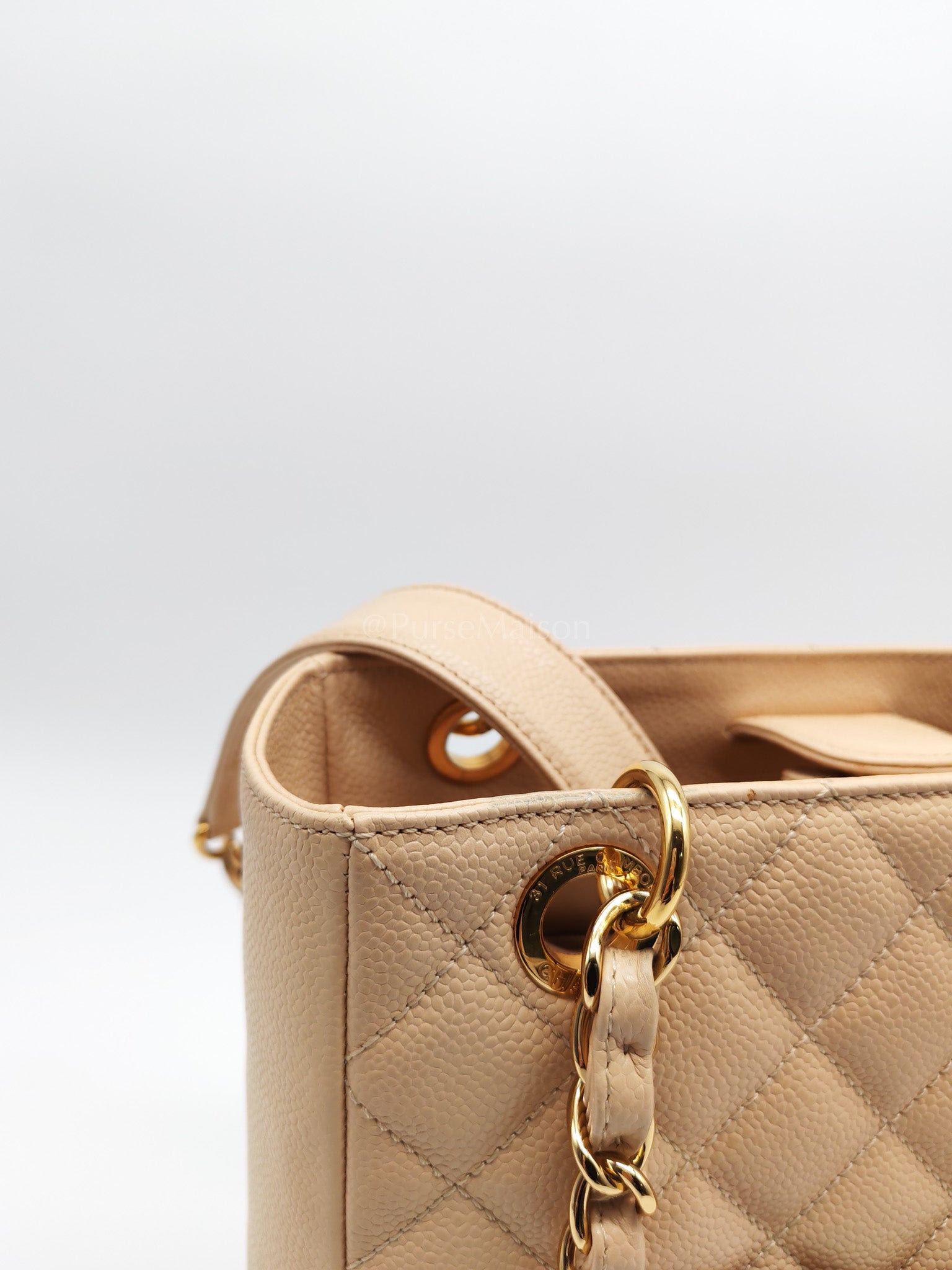 Petite Shopping Tote (PST) Beige Clair in Quilted Caviar Leather and Gold Hardware Series 14 | Purse Maison Luxury Bags Shop
