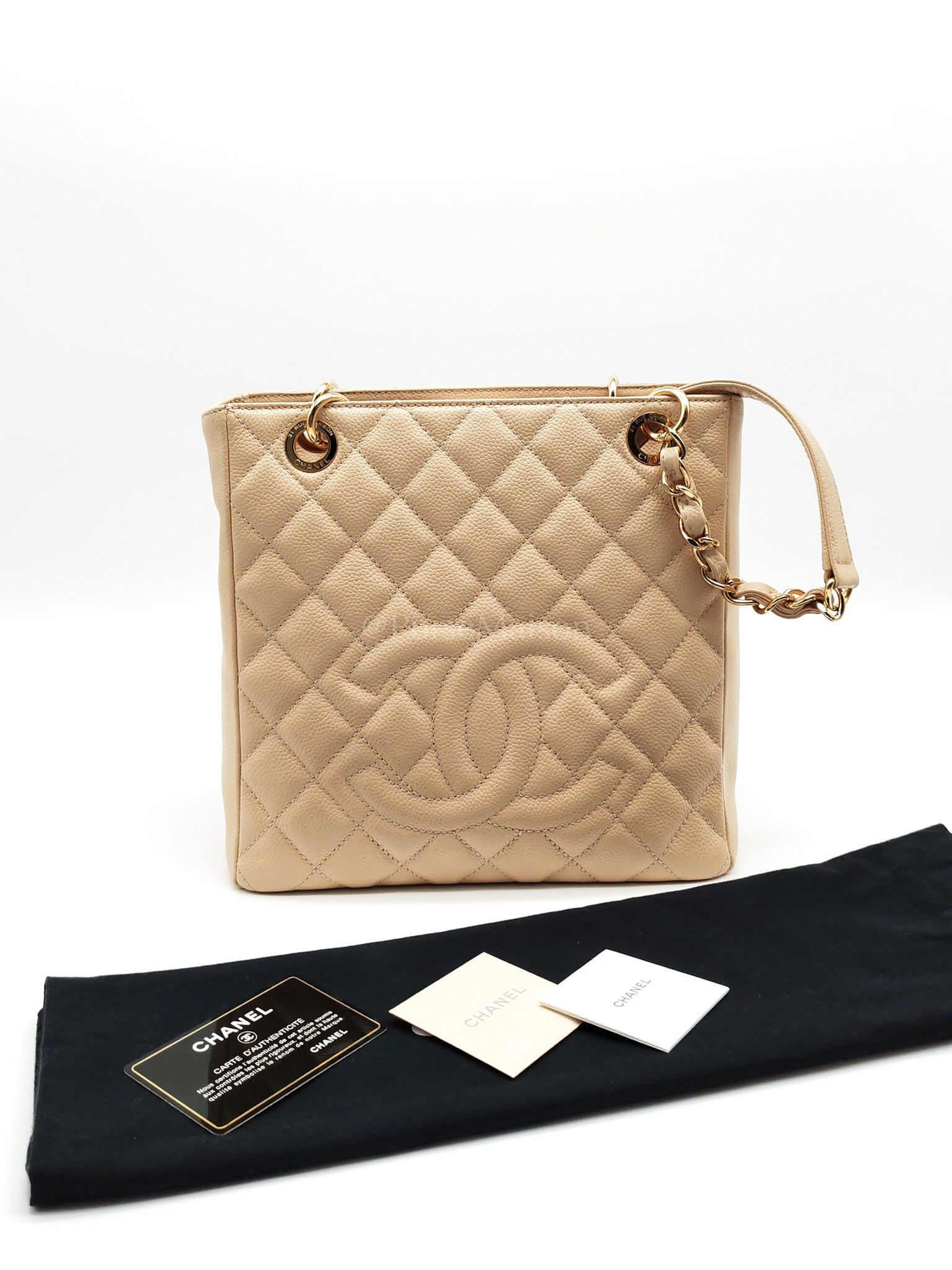 Petite Shopping Tote (PST) Beige Clair in Quilted Caviar Leather and Gold Hardware Series 14 | Purse Maison Luxury Bags Shop