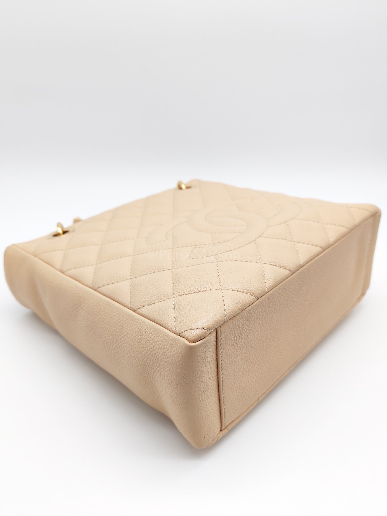 Petite Shopping Tote (PST) Beige Clair in Quilted Caviar Leather and Gold Hardware Series 14 | Purse Maison Luxury Bags Shop