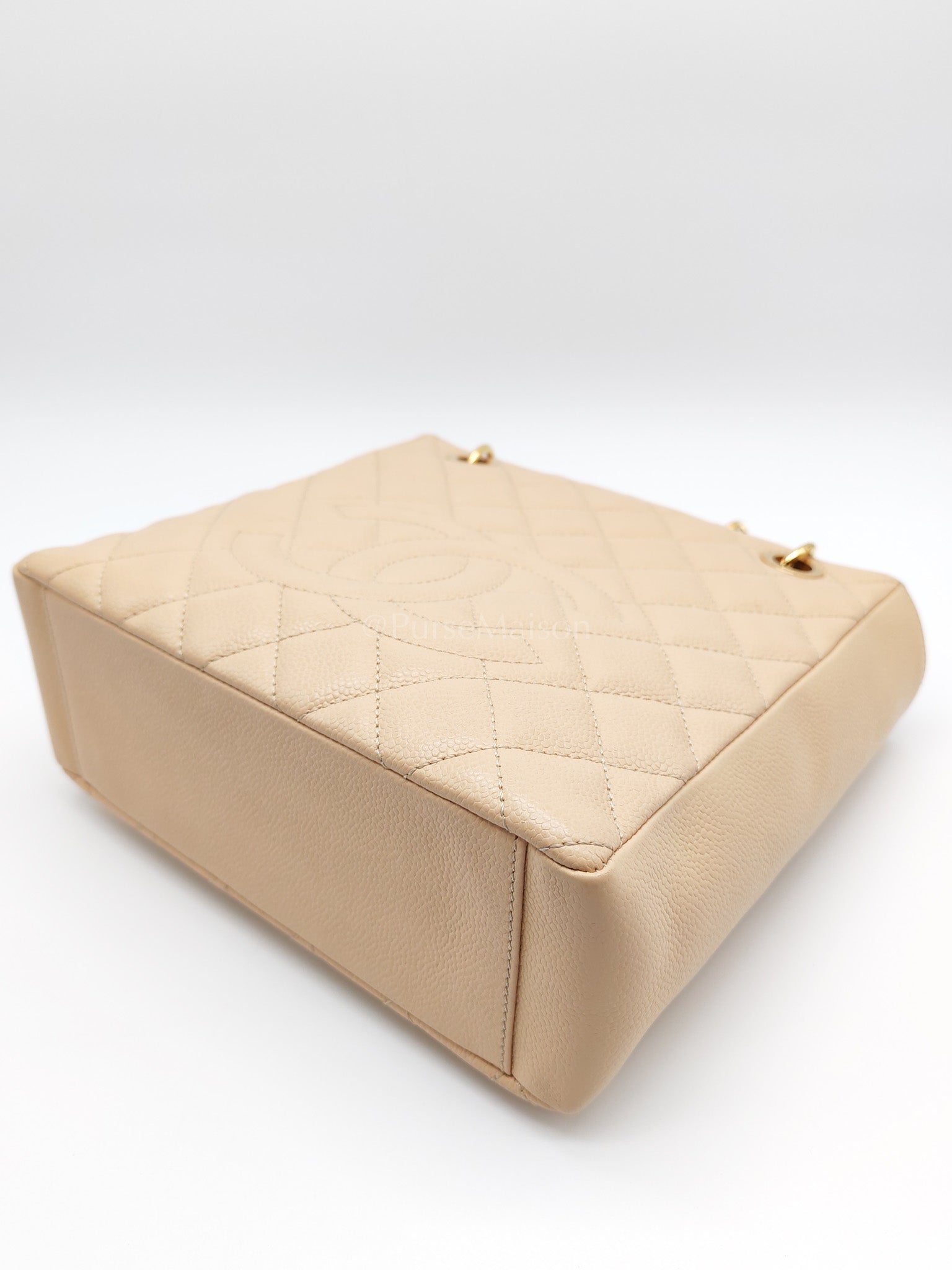 Petite Shopping Tote (PST) Beige Clair in Quilted Caviar Leather and Gold Hardware Series 14 | Purse Maison Luxury Bags Shop