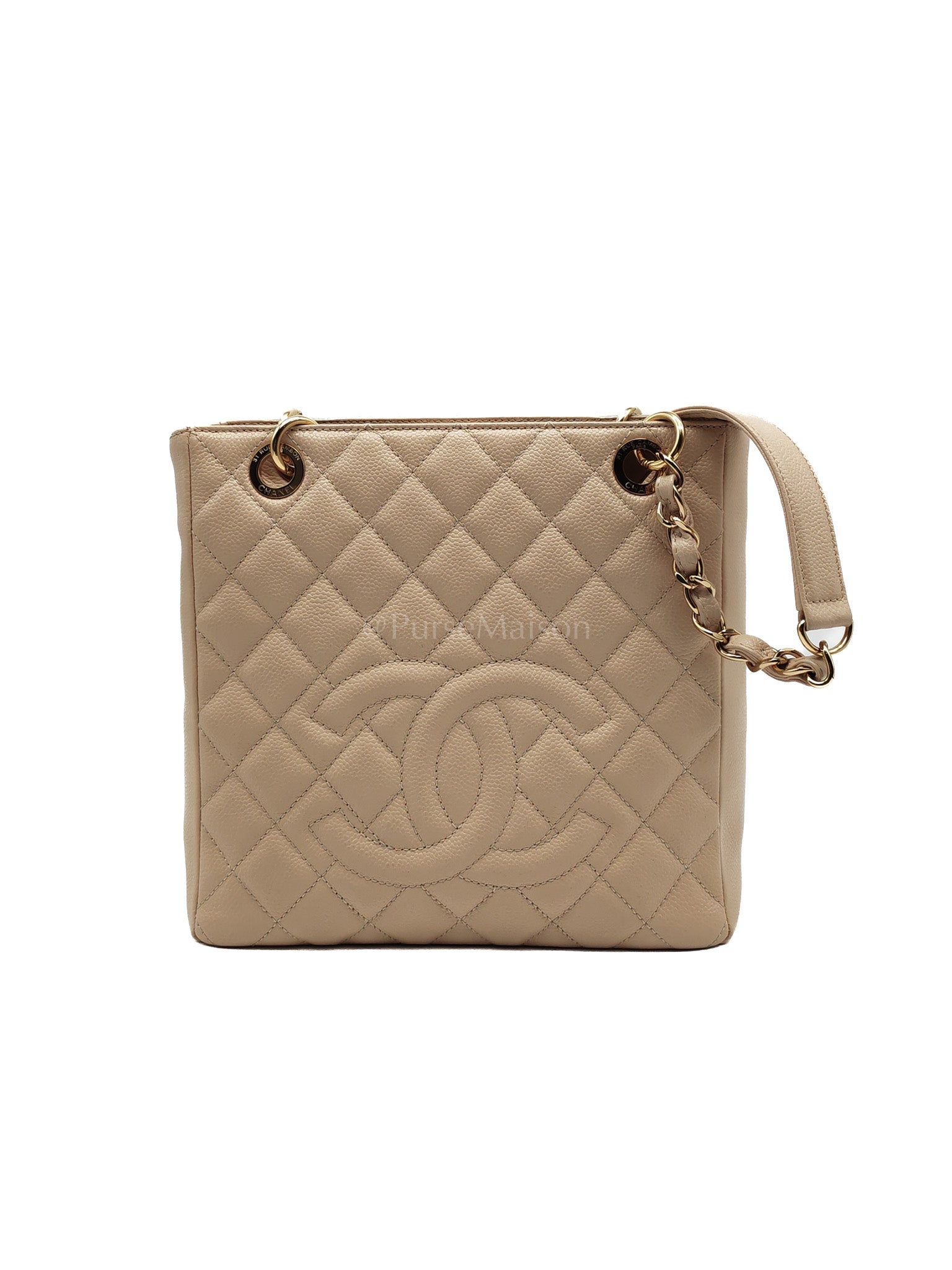 Petite Shopping Tote (PST) Beige Clair in Quilted Caviar Leather and Gold Hardware Series 14 | Purse Maison Luxury Bags Shop