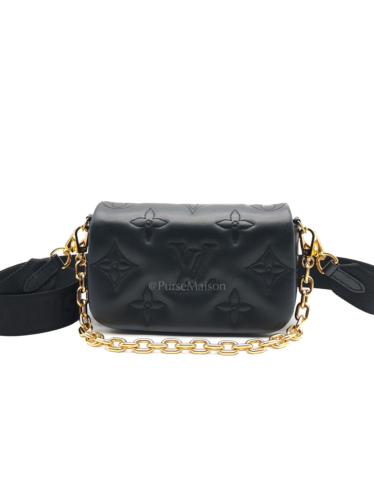 Louis Vuitton Bubblegram Wallet on Strap in Black Quilted Calfskin Leather and Gold Hardware Microchip