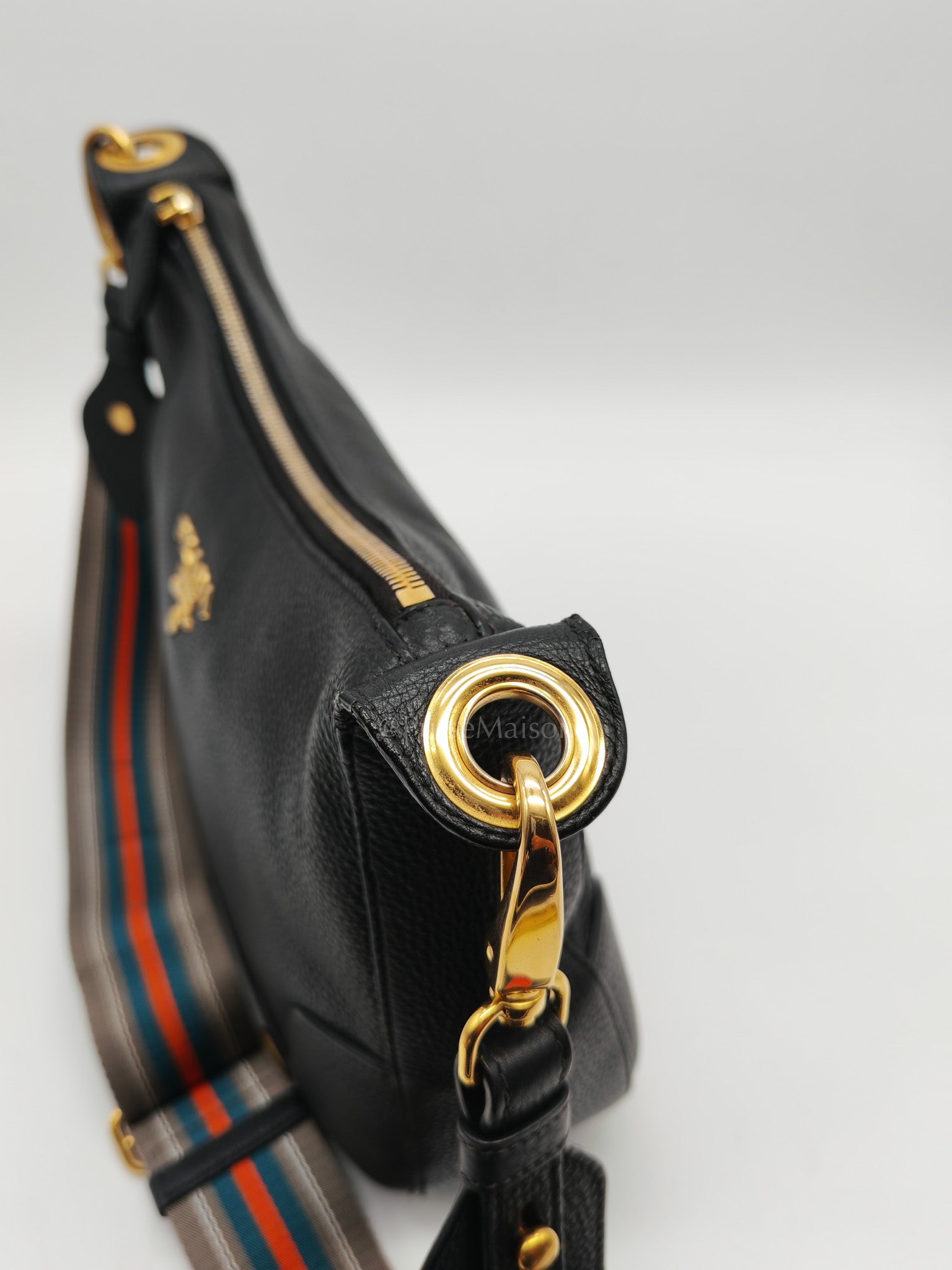 Vitello Phenix Hobo Bag in Black Pebbled Calfskin Leather & Gold Hardware