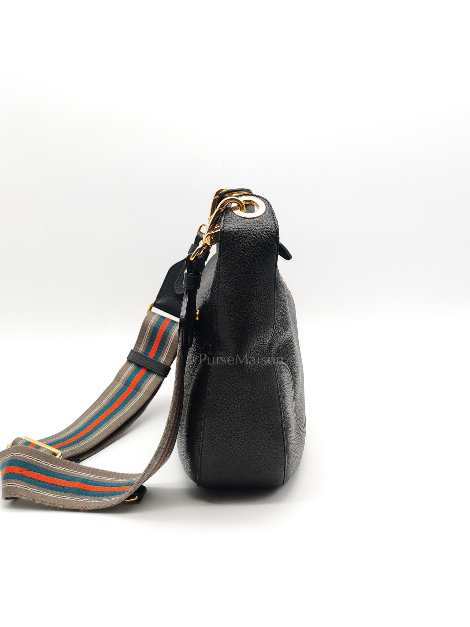 Vitello Phenix Hobo Bag in Black Pebbled Calfskin Leather & Gold Hardware