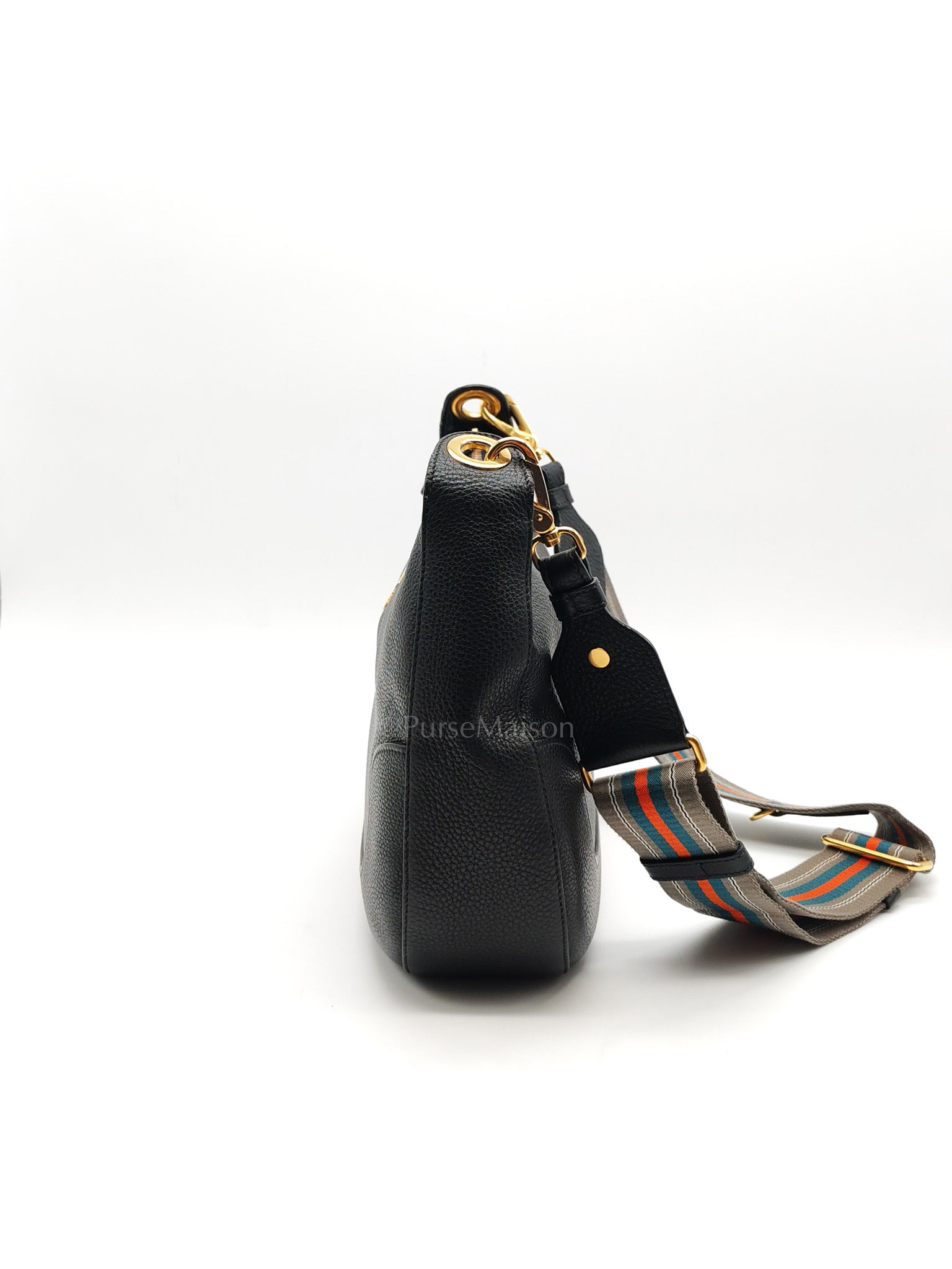 Vitello Phenix Hobo Bag in Black Pebbled Calfskin Leather & Gold Hardware