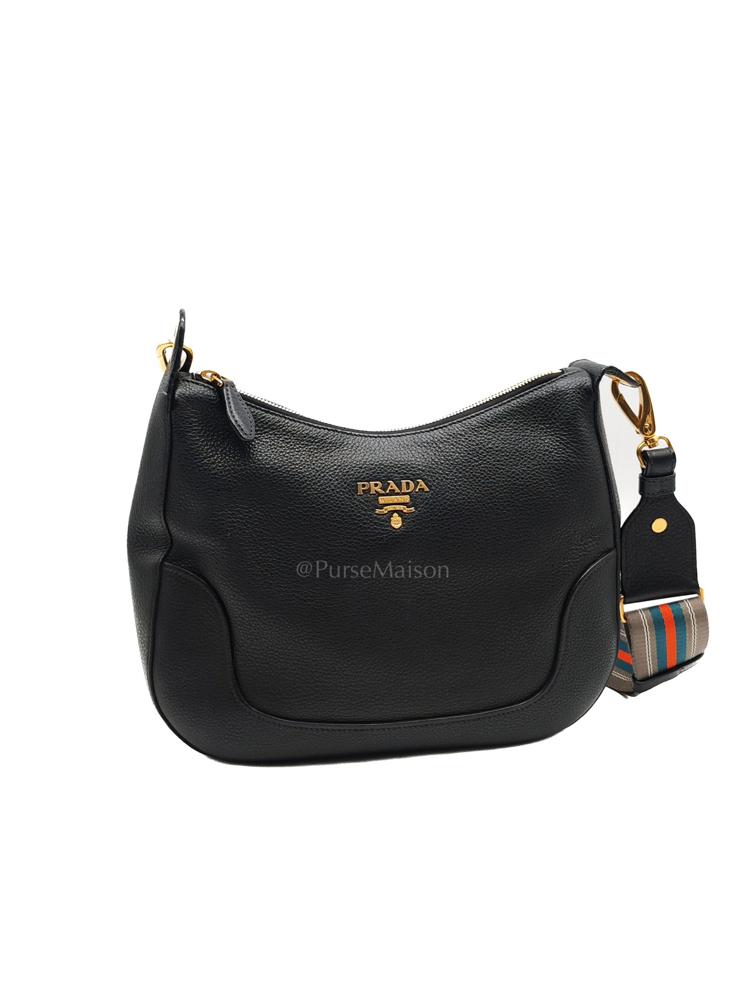 Vitello Phenix Hobo Bag in Black Pebbled Calfskin Leather & Gold Hardware