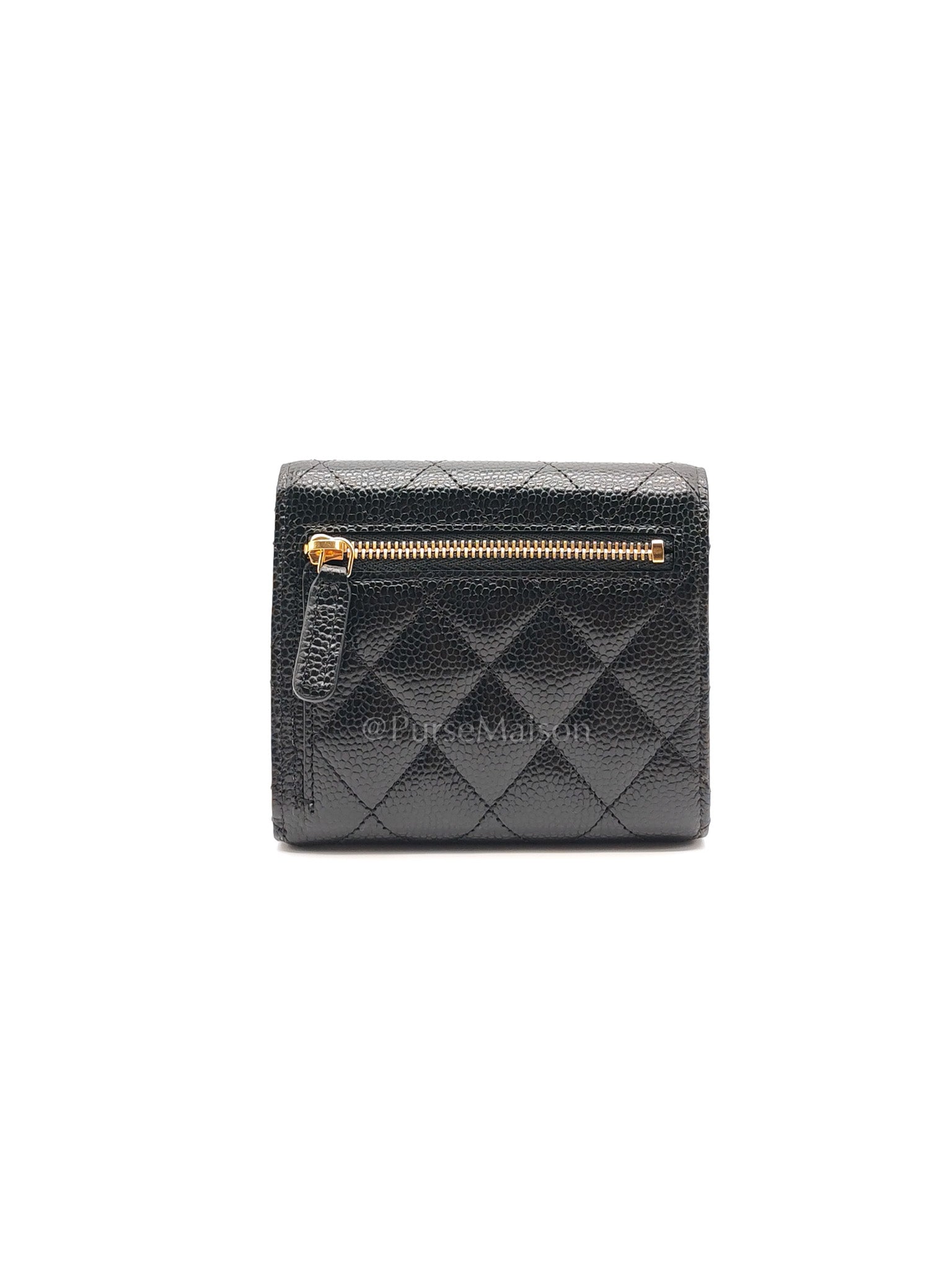 Classic Compact Wallet in Black Quilted Caviar Leather and Gold Hardware (Microchip)