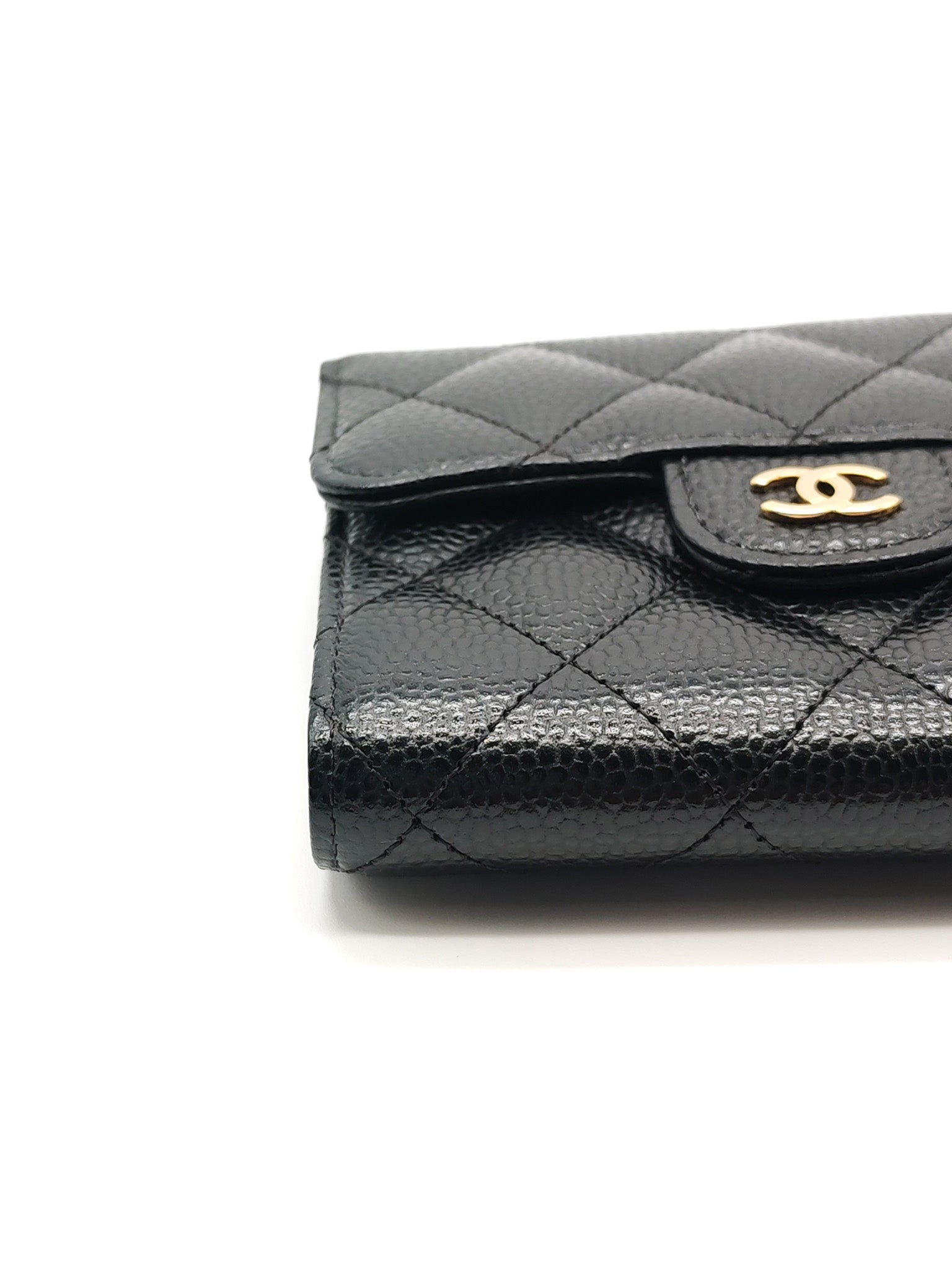Classic Compact Wallet in Black Quilted Caviar Leather and Gold Hardware (Microchip)