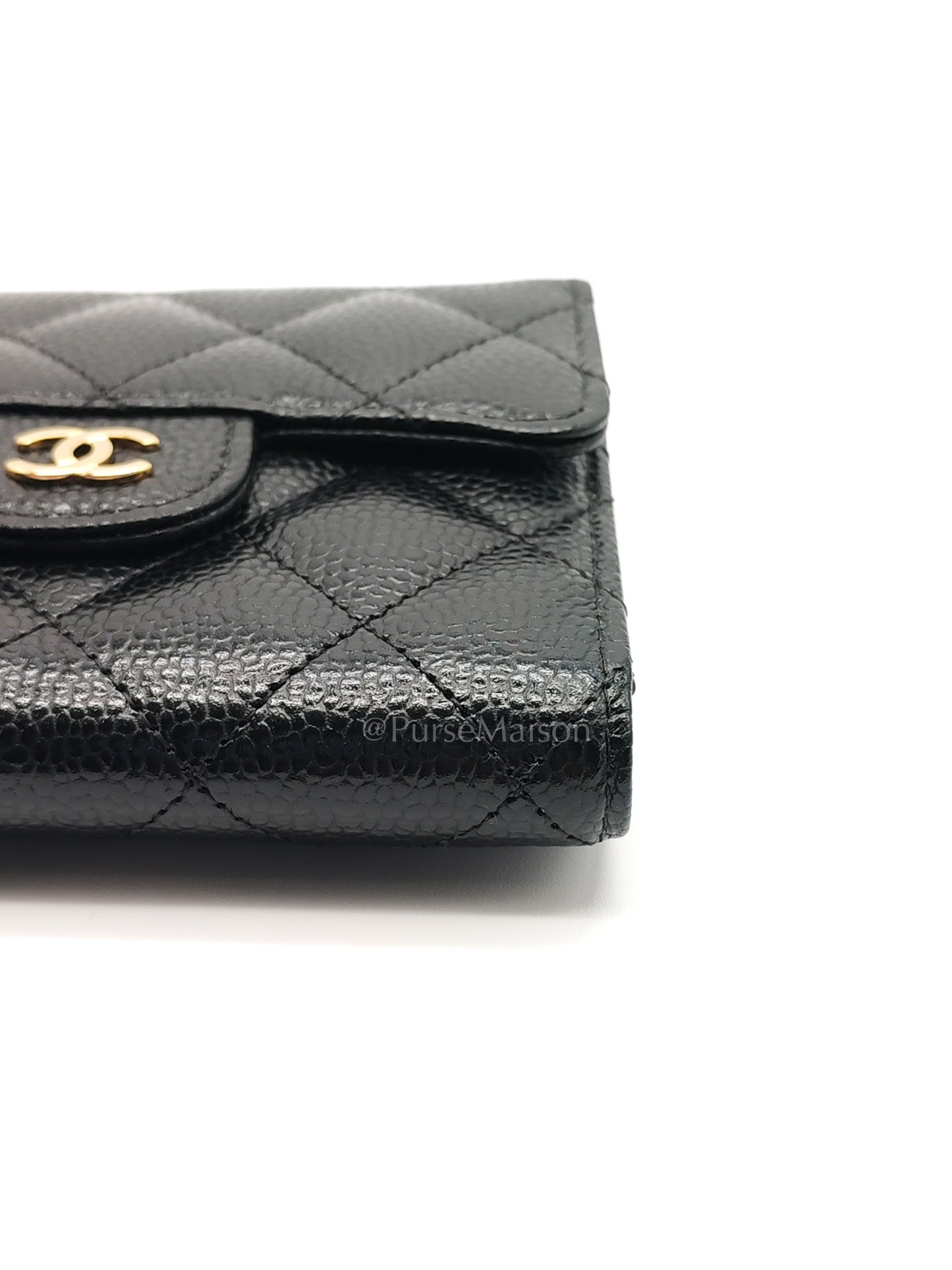 Classic Compact Wallet in Black Quilted Caviar Leather and Gold Hardware (Microchip)