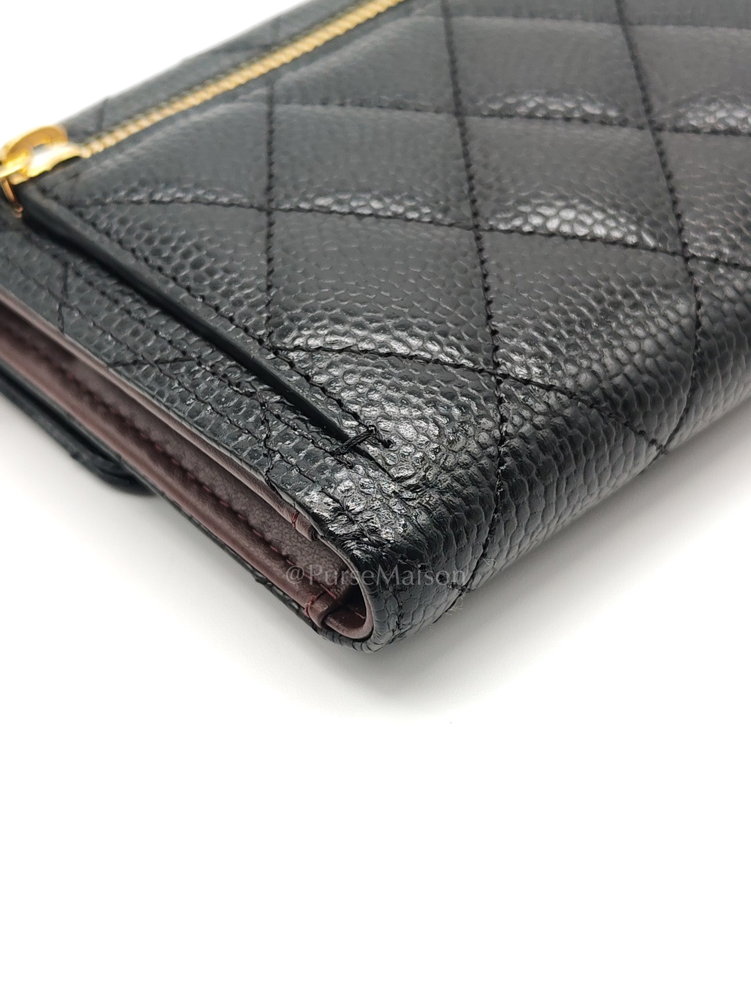 Classic Compact Wallet in Black Quilted Caviar Leather and Gold Hardware (Microchip)