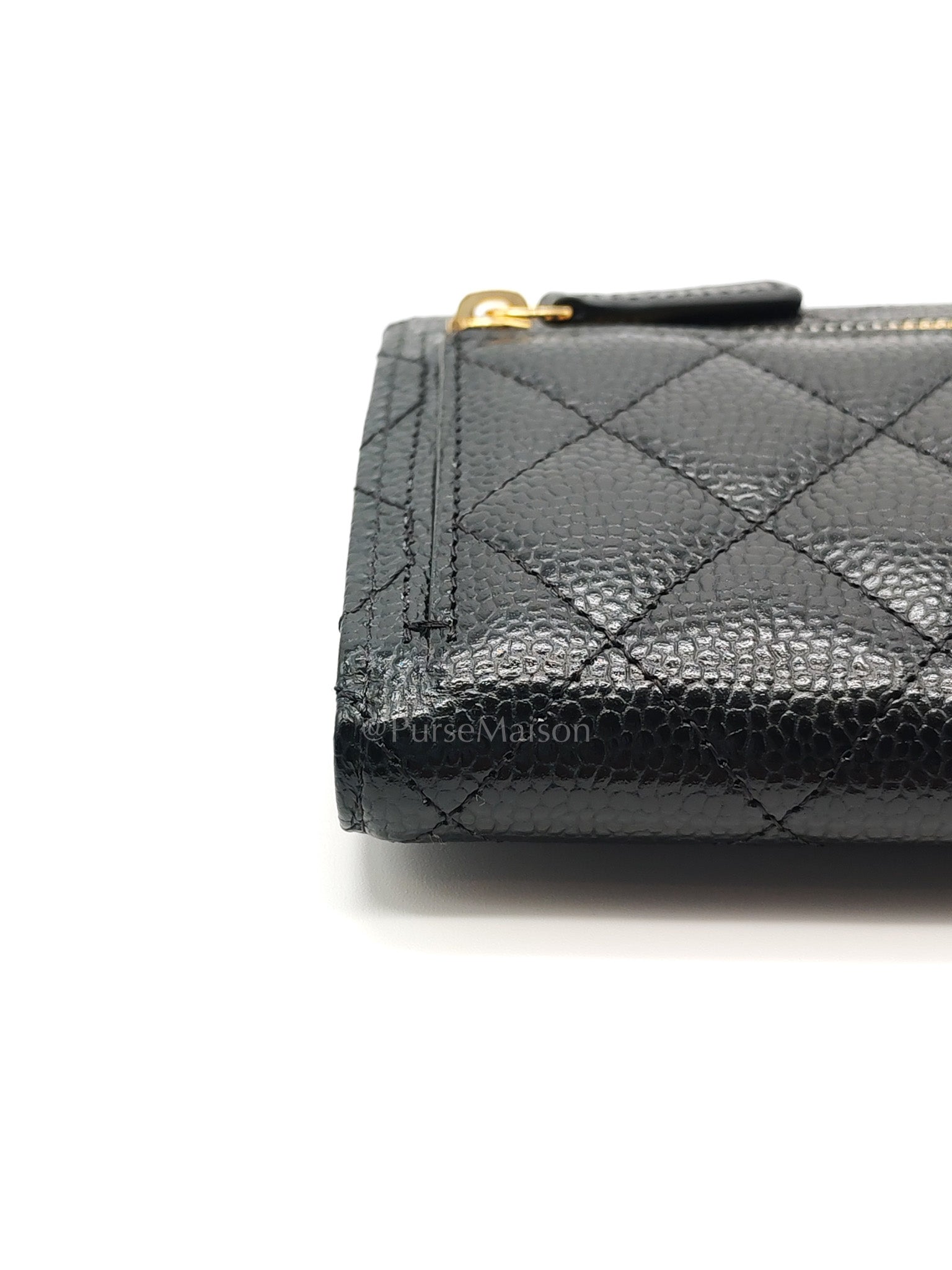 Classic Compact Wallet in Black Quilted Caviar Leather and Gold Hardware (Microchip)