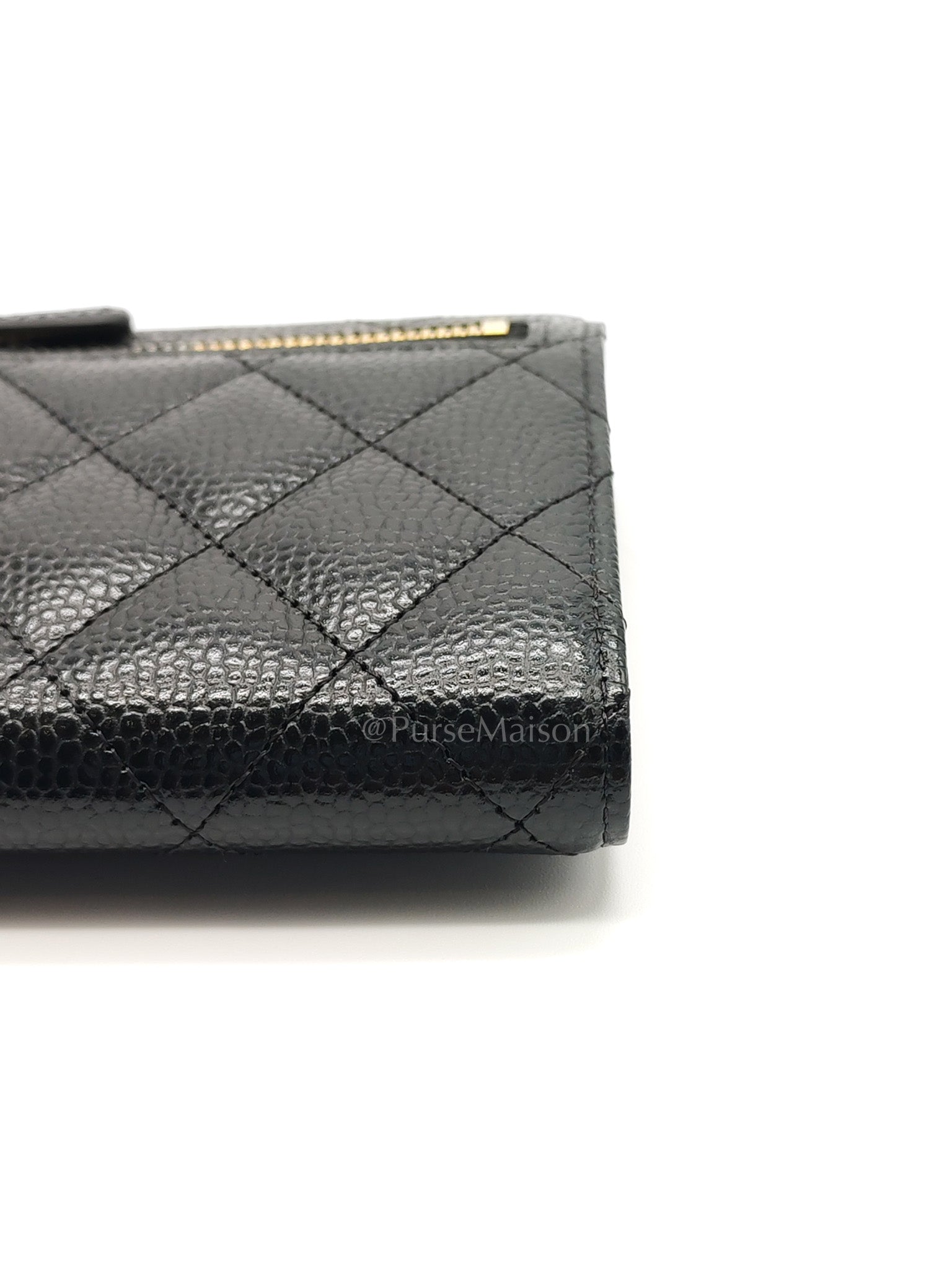 Classic Compact Wallet in Black Quilted Caviar Leather and Gold Hardware (Microchip)