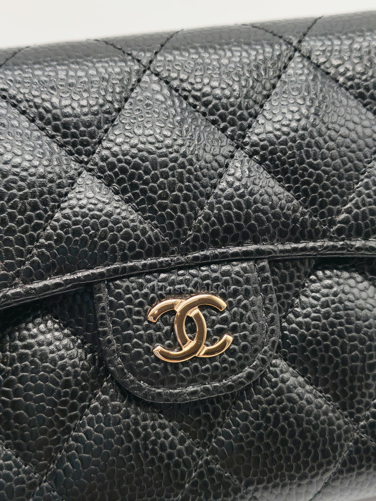 Classic Compact Wallet in Black Quilted Caviar Leather and Gold Hardware (Microchip)
