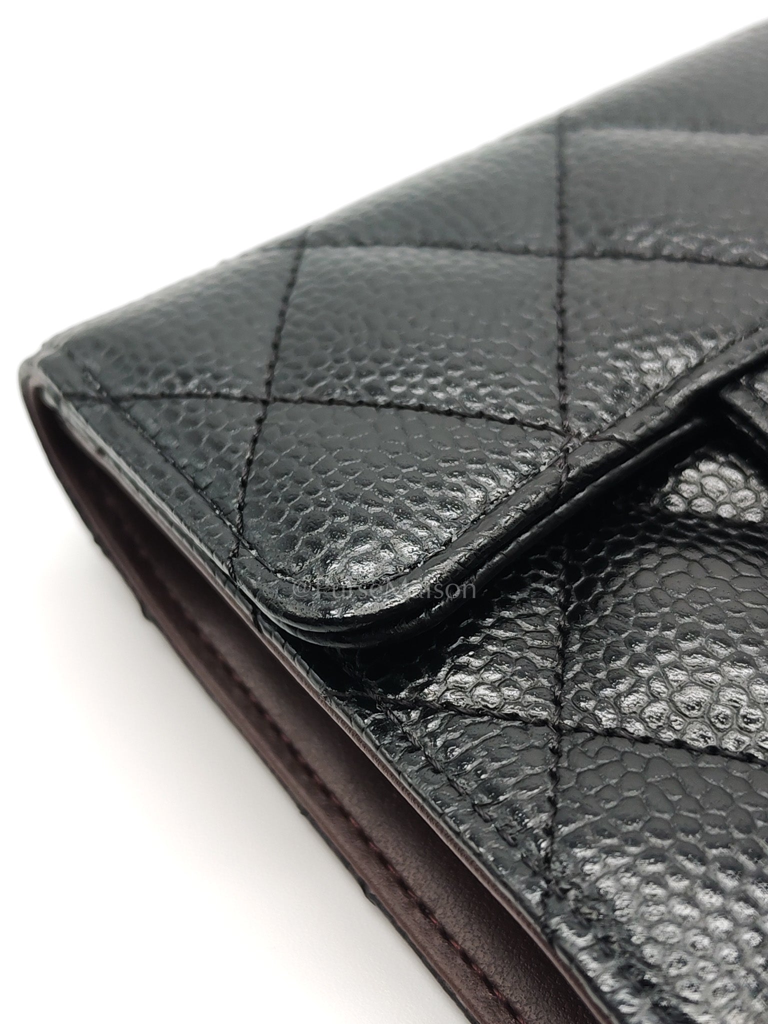 Classic Compact Wallet in Black Quilted Caviar Leather and Gold Hardware (Microchip)