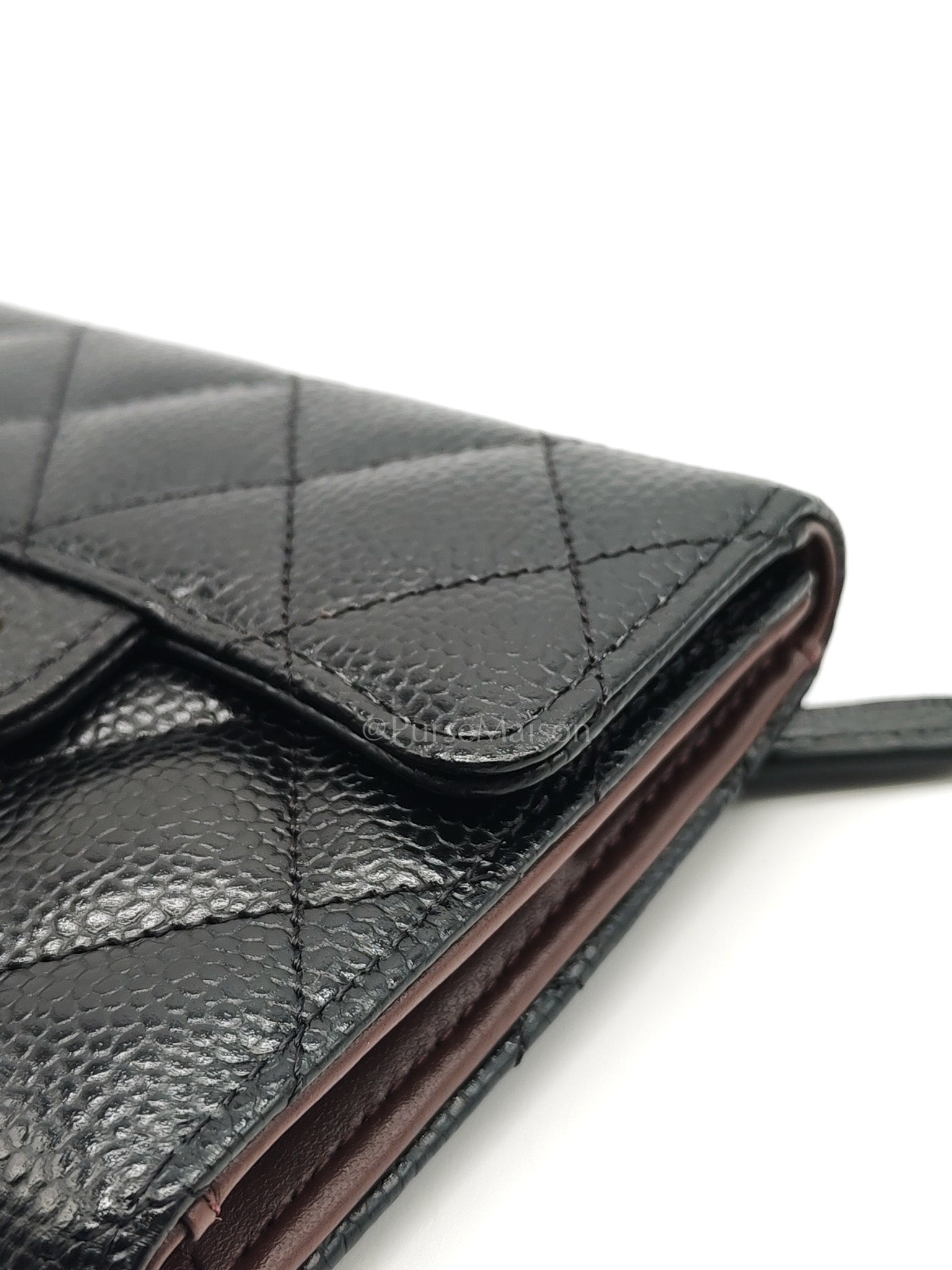 Classic Compact Wallet in Black Quilted Caviar Leather and Gold Hardware (Microchip)