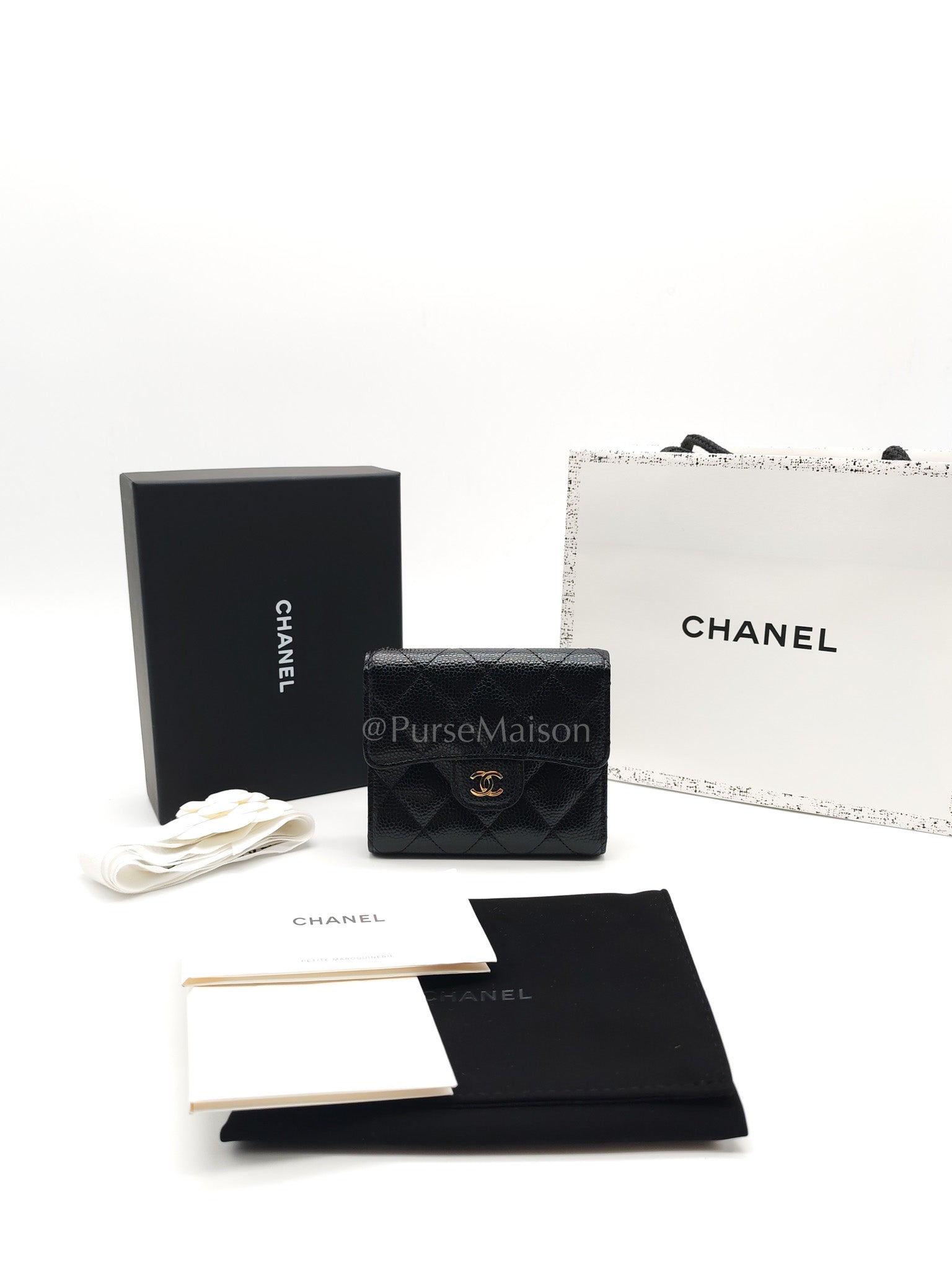 Classic Compact Wallet in Black Quilted Caviar Leather and Gold Hardware (Microchip)
