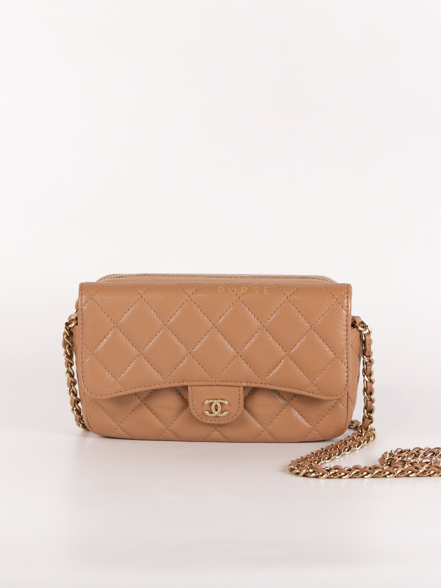 Phone Holder in Dark Beige Caviar Leather Gold Hardware (Microchip) | Purse Maison Luxury Bags Shop