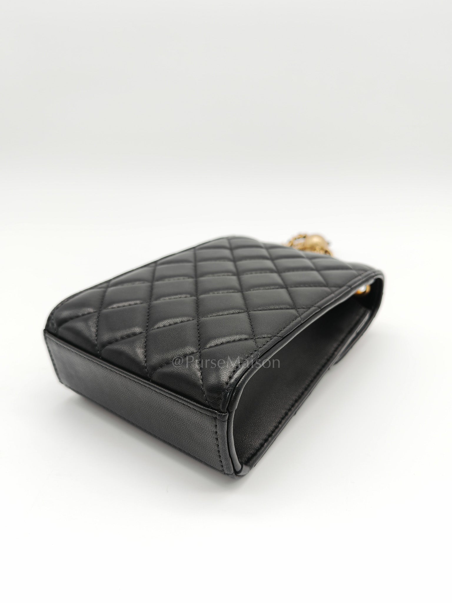Phone Holder Pearl Crush Black Lambskin Leather in Aged Gold Hardware (Series 30) | Purse Maison Luxury Bags Shop