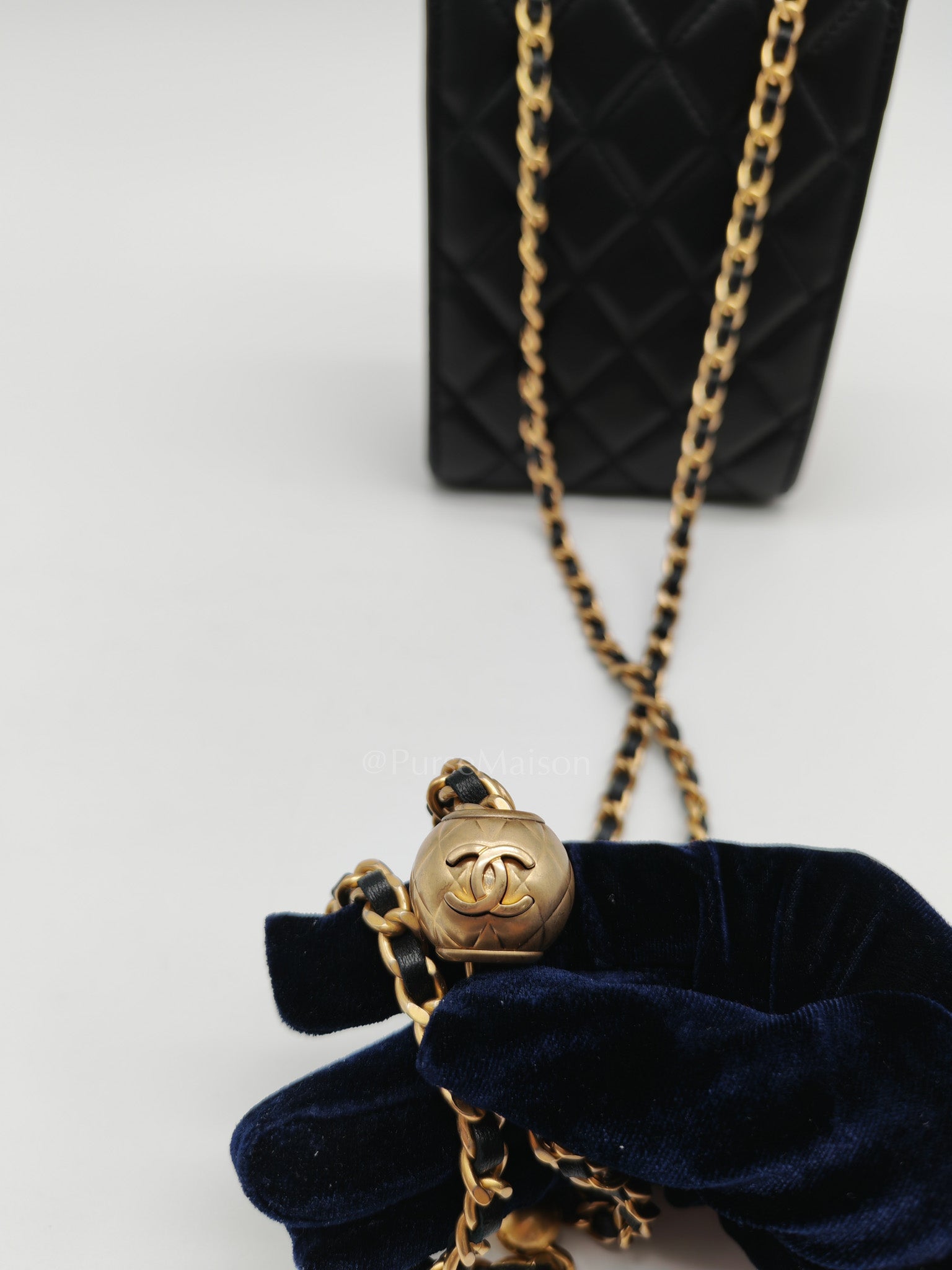 Phone Holder Pearl Crush Black Lambskin Leather in Aged Gold Hardware (Series 30) | Purse Maison Luxury Bags Shop