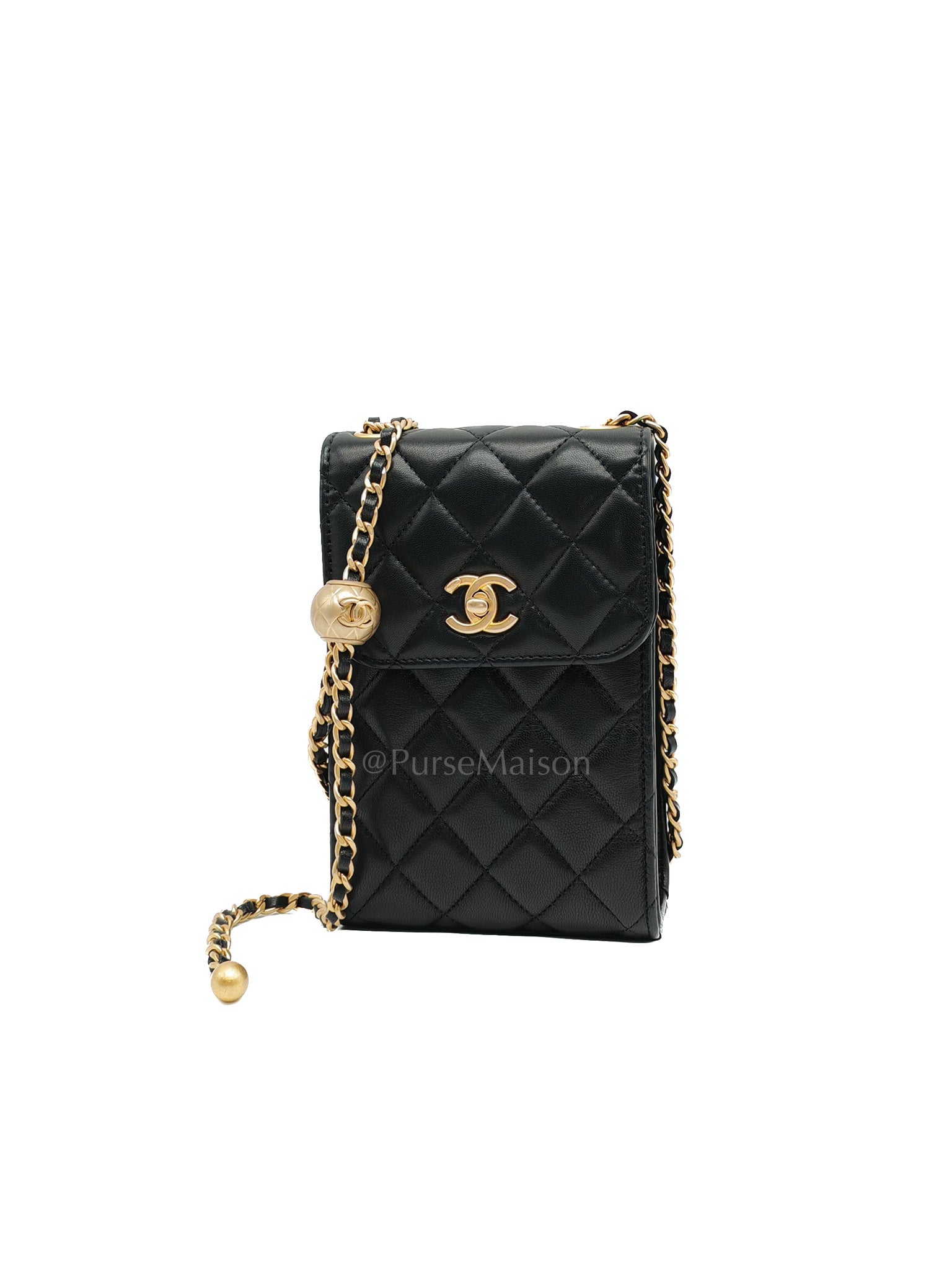 Phone Holder Pearl Crush Black Lambskin Leather in Aged Gold Hardware (Series 30) | Purse Maison Luxury Bags Shop