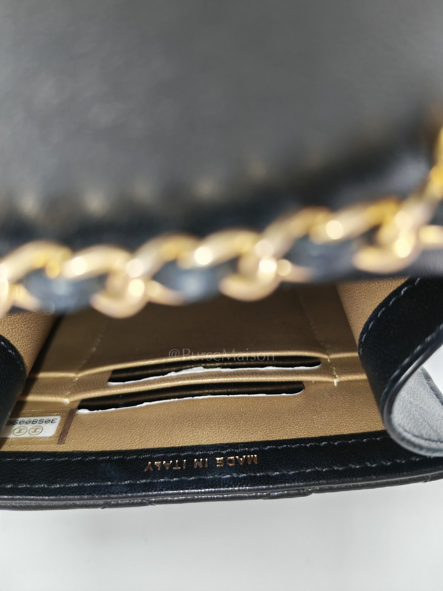 Phone Holder Pearl Crush Black Lambskin Leather in Aged Gold Hardware (Series 30) | Purse Maison Luxury Bags Shop