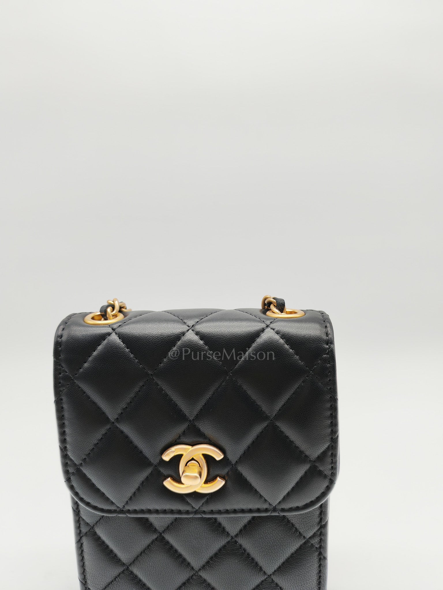 Phone Holder Pearl Crush Black Lambskin Leather in Aged Gold Hardware (Series 30) | Purse Maison Luxury Bags Shop