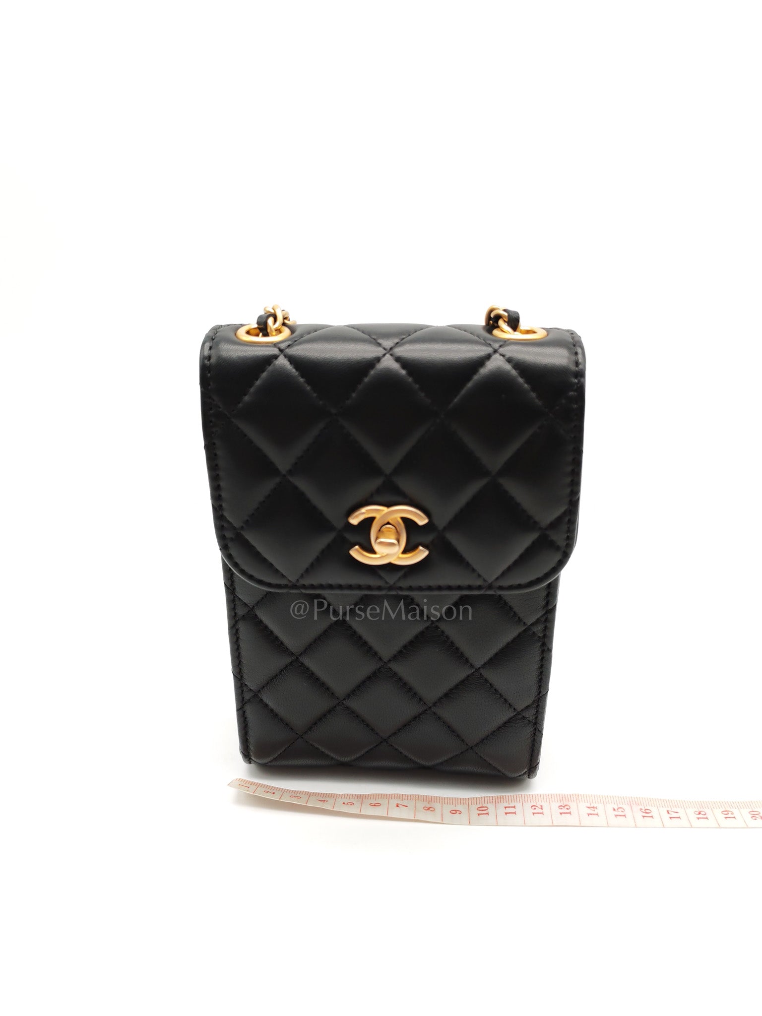 Phone Holder Pearl Crush Black Lambskin Leather in Aged Gold Hardware (Series 30) | Purse Maison Luxury Bags Shop