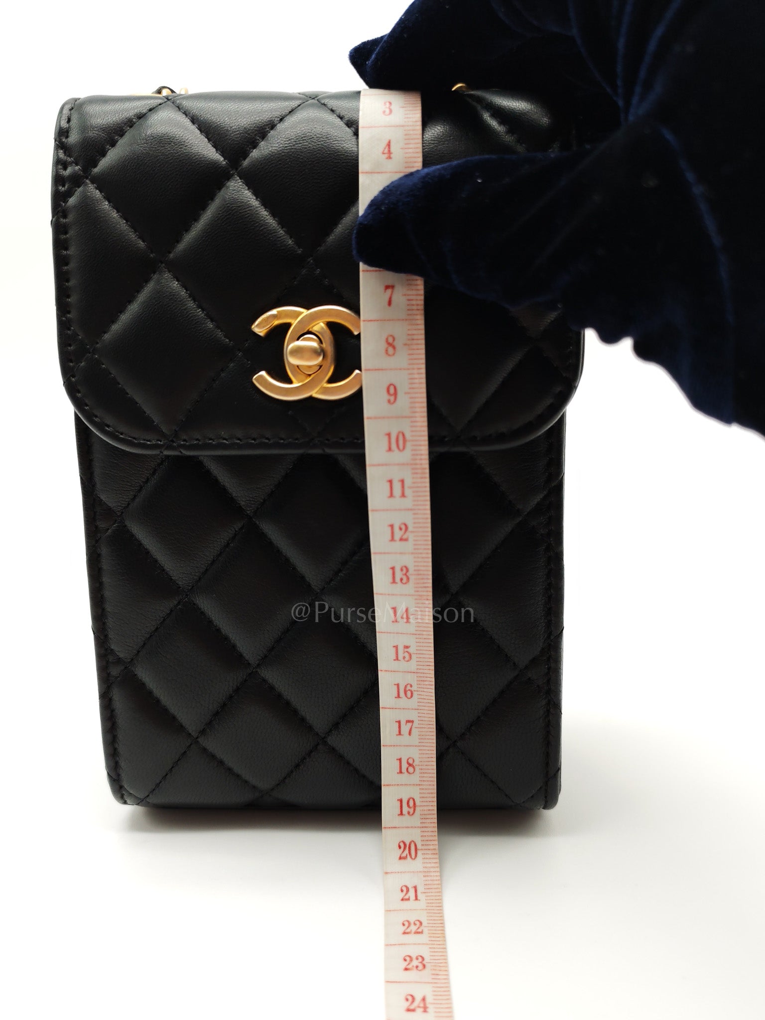 Phone Holder Pearl Crush Black Lambskin Leather in Aged Gold Hardware (Series 30) | Purse Maison Luxury Bags Shop