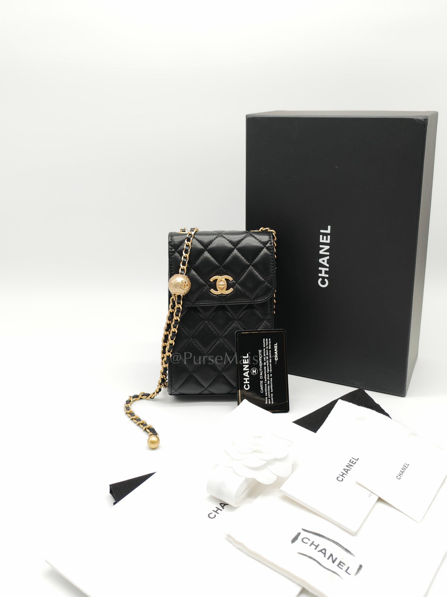 Phone Holder Pearl Crush Black Lambskin Leather in Aged Gold Hardware (Series 30) | Purse Maison Luxury Bags Shop