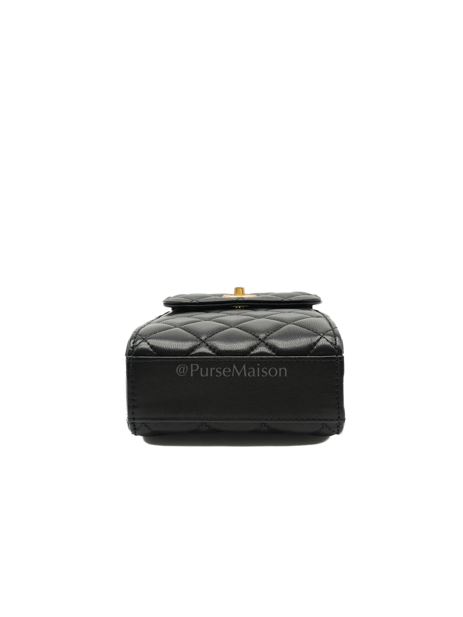 Phone Holder Pearl Crush Black Lambskin Leather in Aged Gold Hardware (Series 30) | Purse Maison Luxury Bags Shop