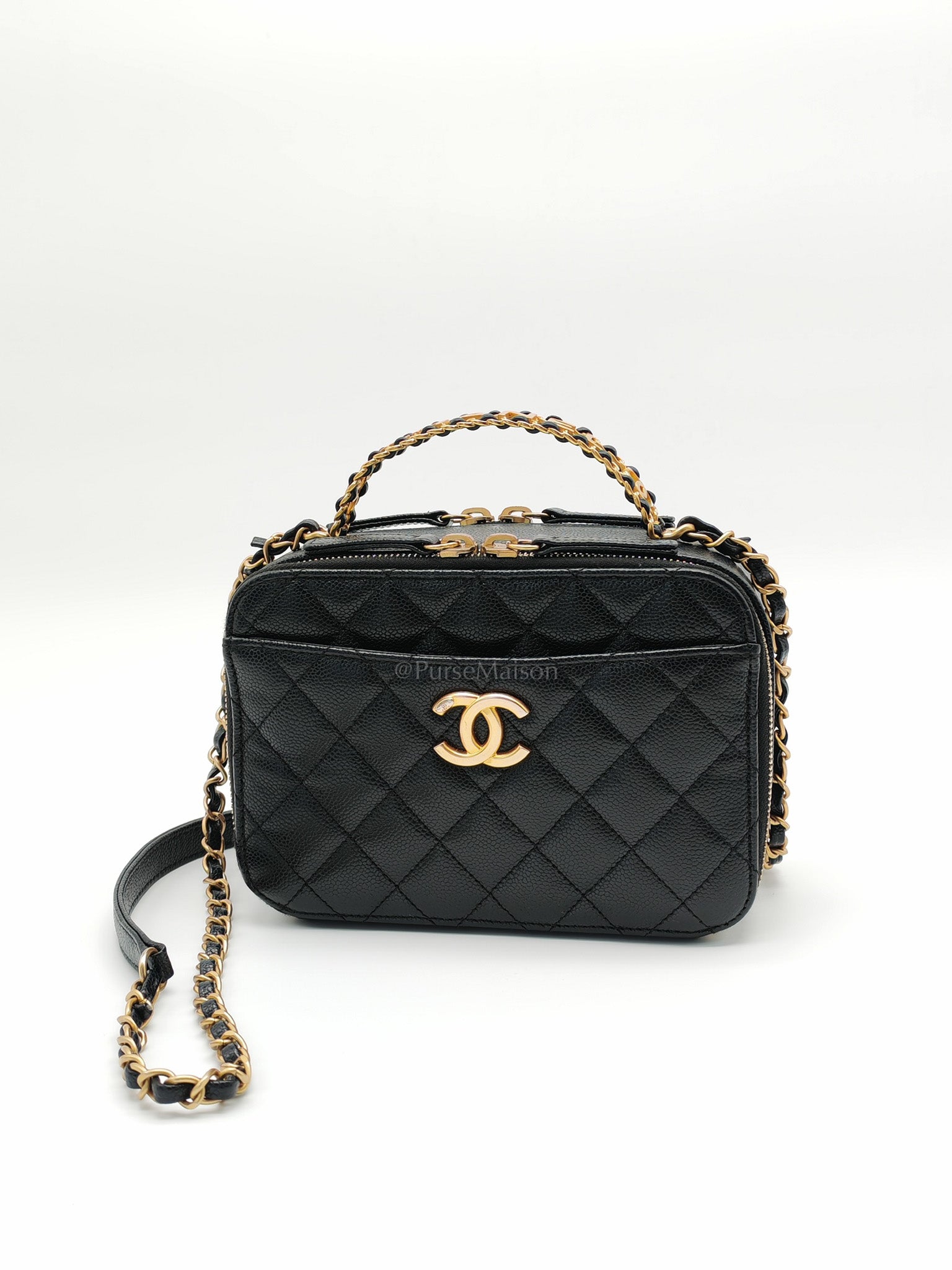 Pick Me Up Vanity Case in Black Quilted Caviar Leather and Aged Gold Hardware (Microchip) | Purse Maison Luxury Bags Shop