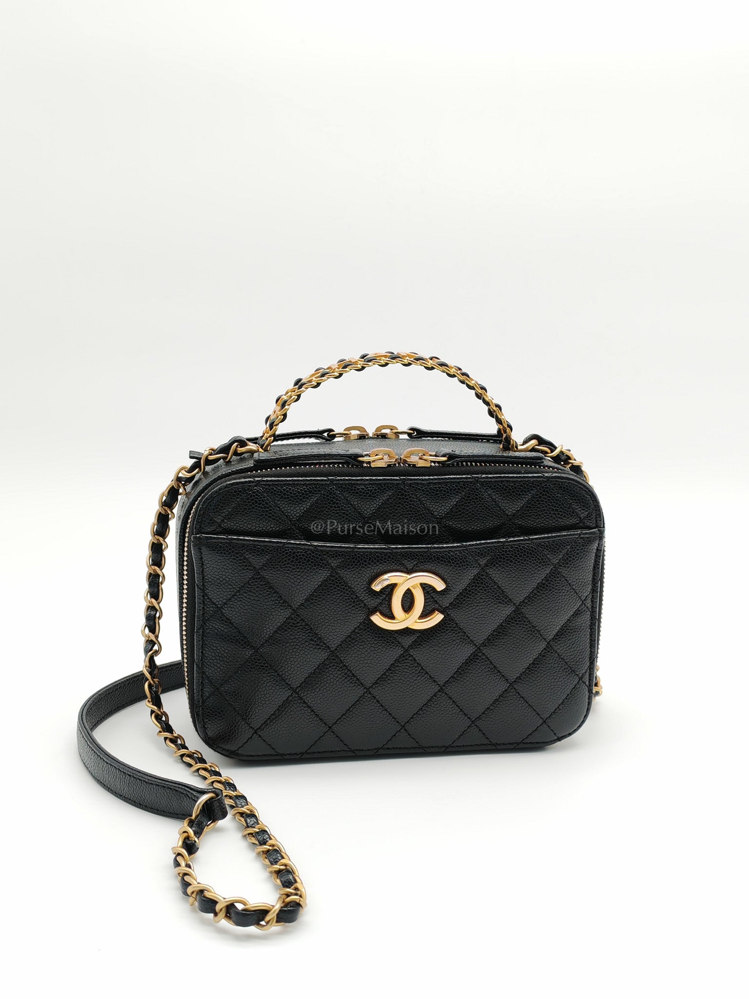 Pick Me Up Vanity Case in Black Quilted Caviar Leather and Aged Gold Hardware (Microchip) | Purse Maison Luxury Bags Shop