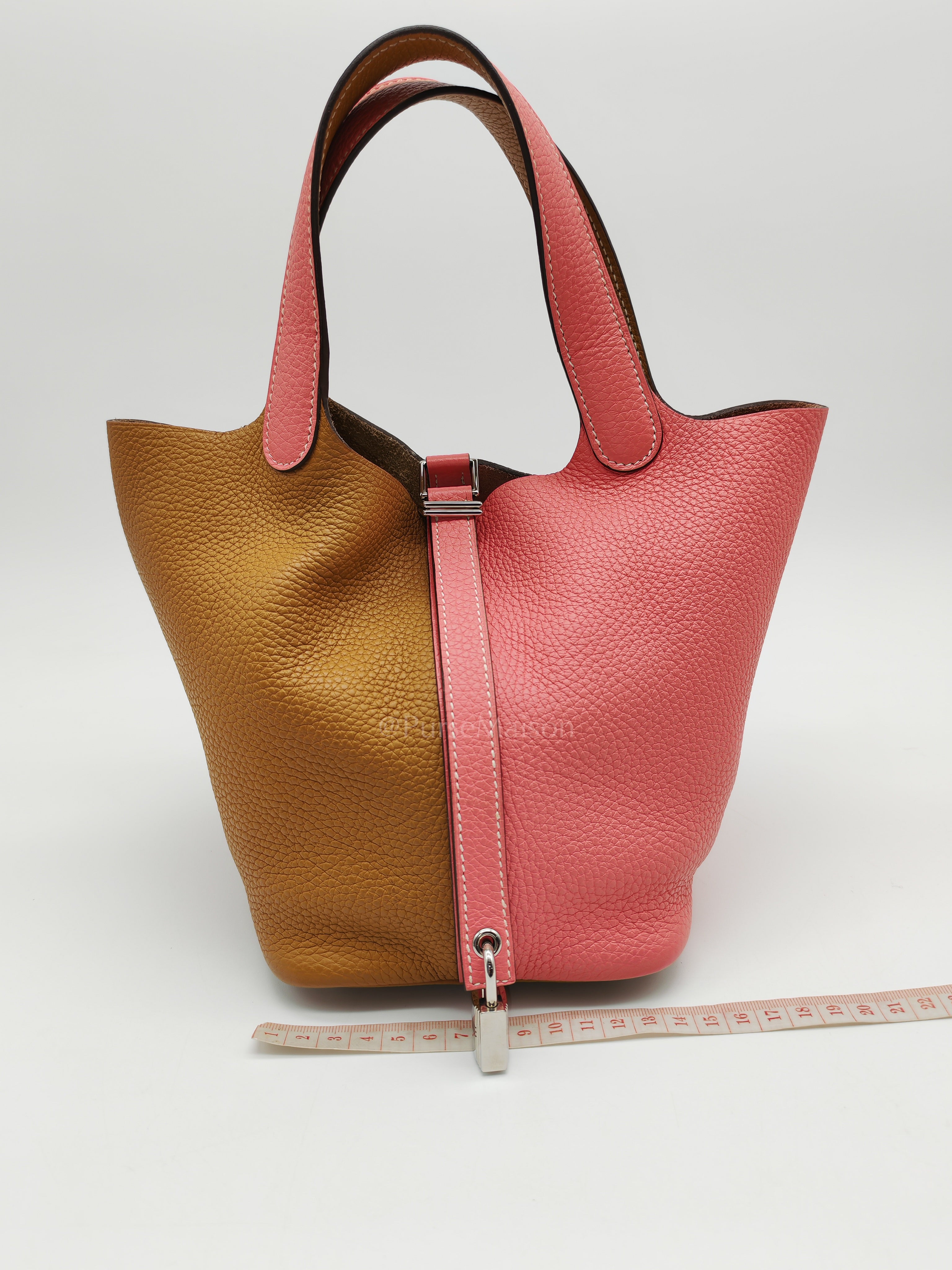 Picotin 18 Casaque in Gold and Rose Azalee Clemence Leather and Palladium Hardware Stamp Y (2020) | Purse Maison Luxury Bags Shop