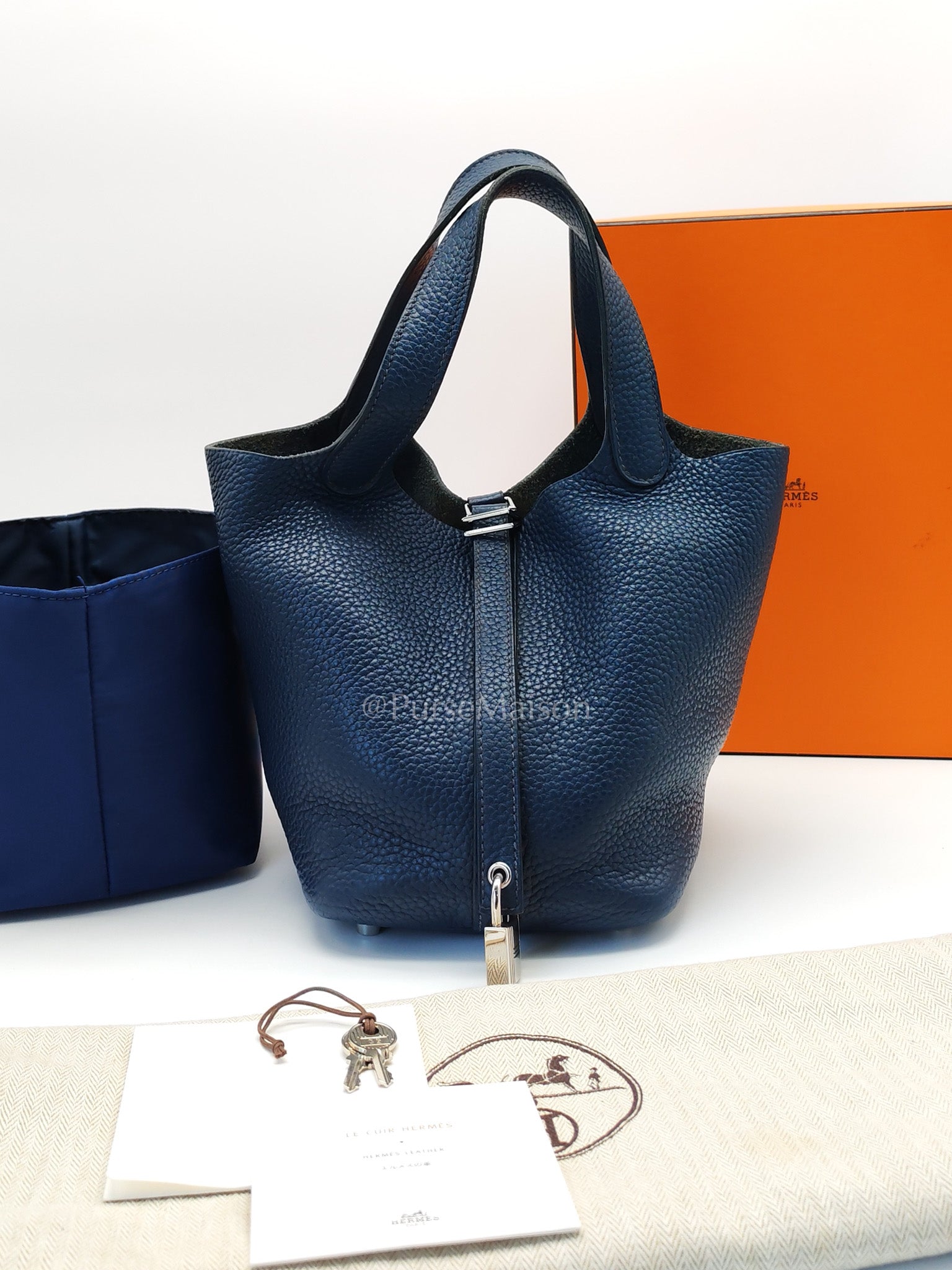Picotin 18 in Blue Clemence Leather and Palladium Hardware Stamp M Square (2009) | Purse Maison Luxury Bags Shop