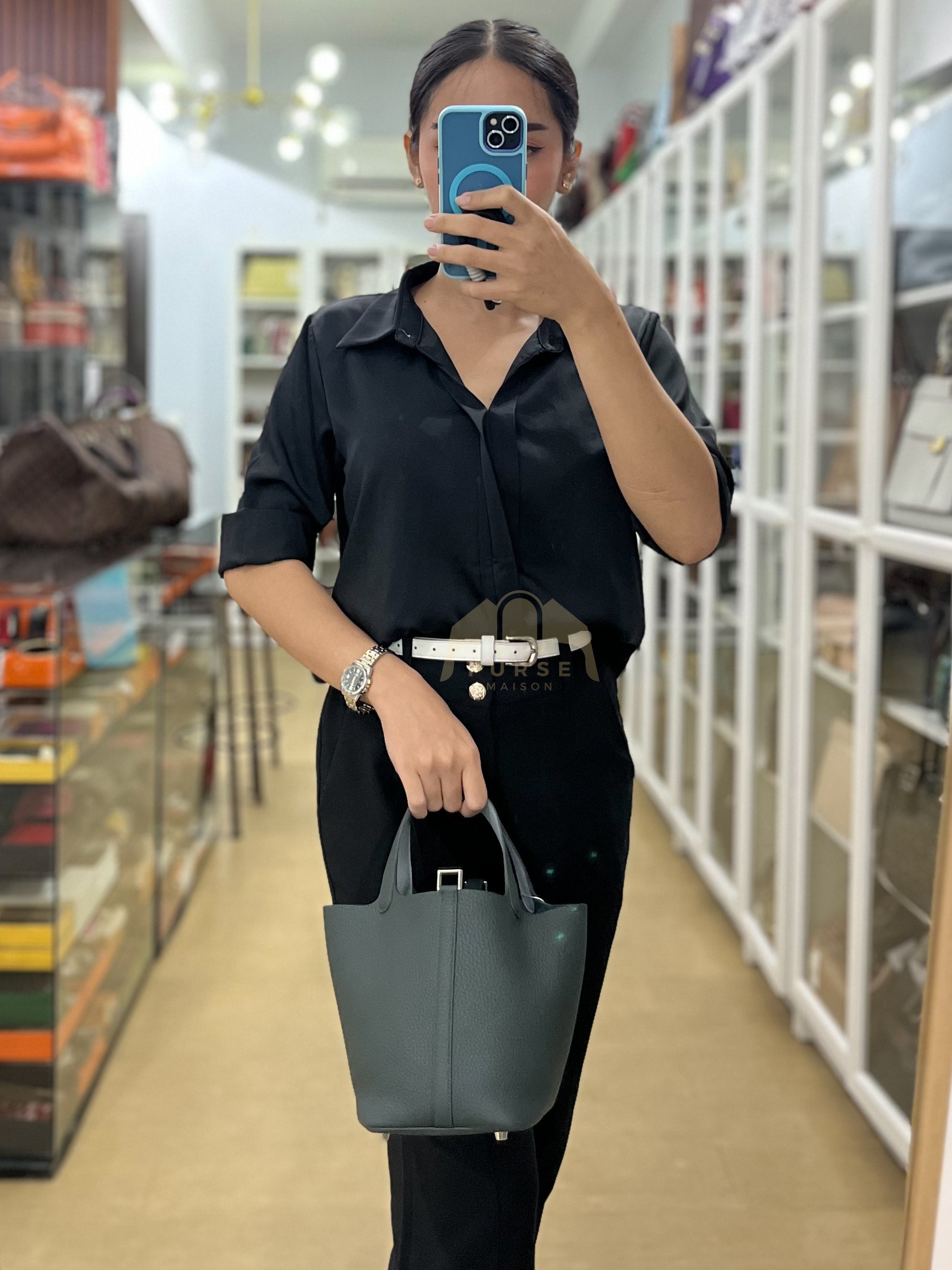 Picotin 18 in Vert Mangrove Clemence Leather Palladium Hardware (Stamp K) | Purse Maison Luxury Bags Shop