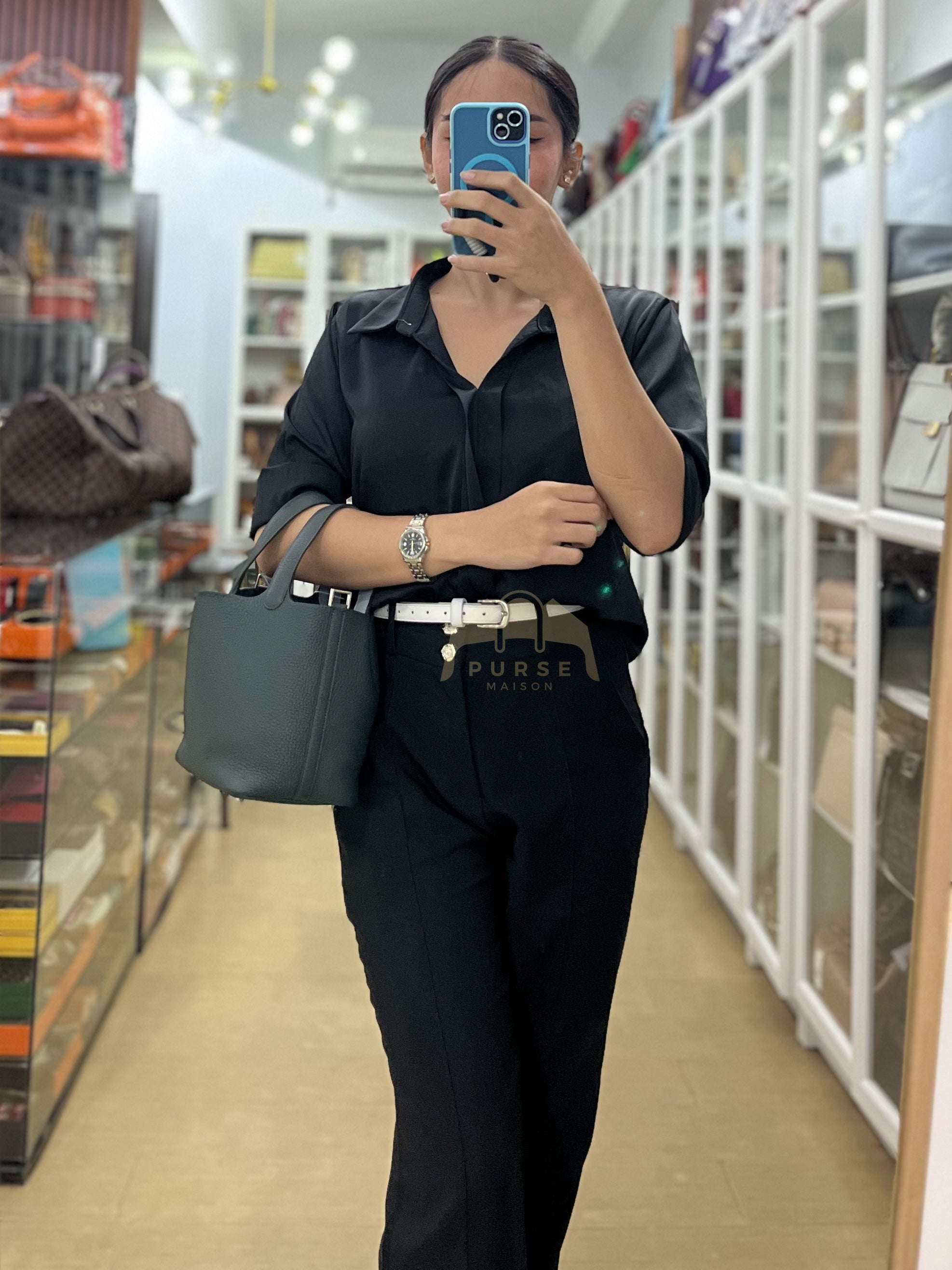 Picotin 18 in Vert Mangrove Clemence Leather Palladium Hardware (Stamp K) | Purse Maison Luxury Bags Shop