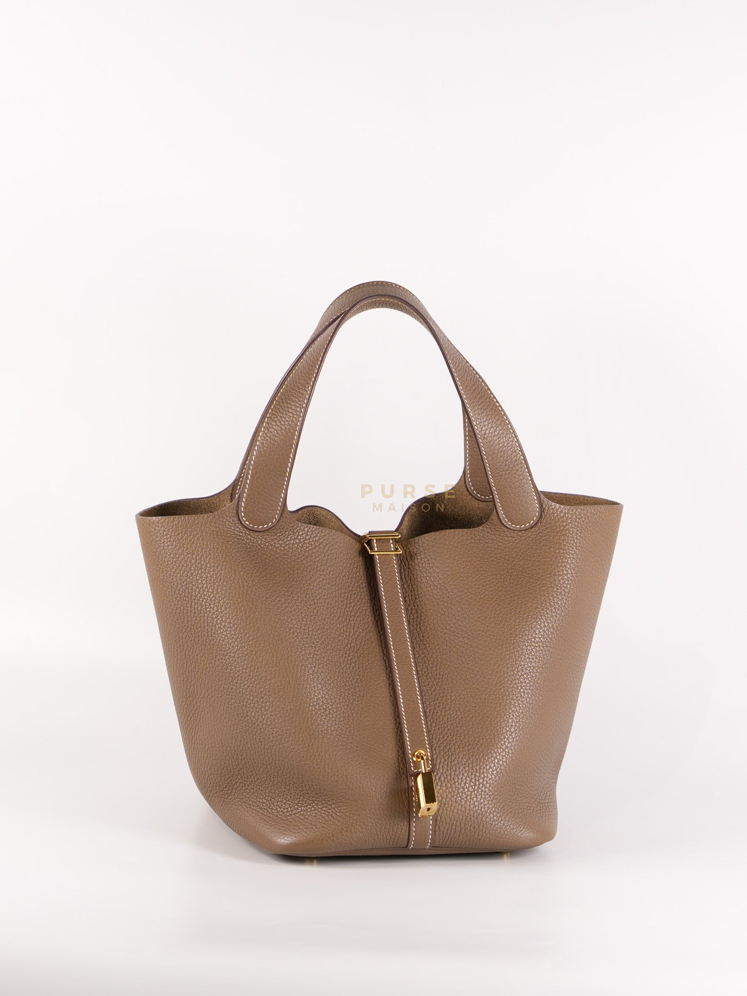 Picotin 22 in Etoupe Clemence Leatherand Gold Hardware Stamp D (2019) | Purse Maison Luxury Bags Shop