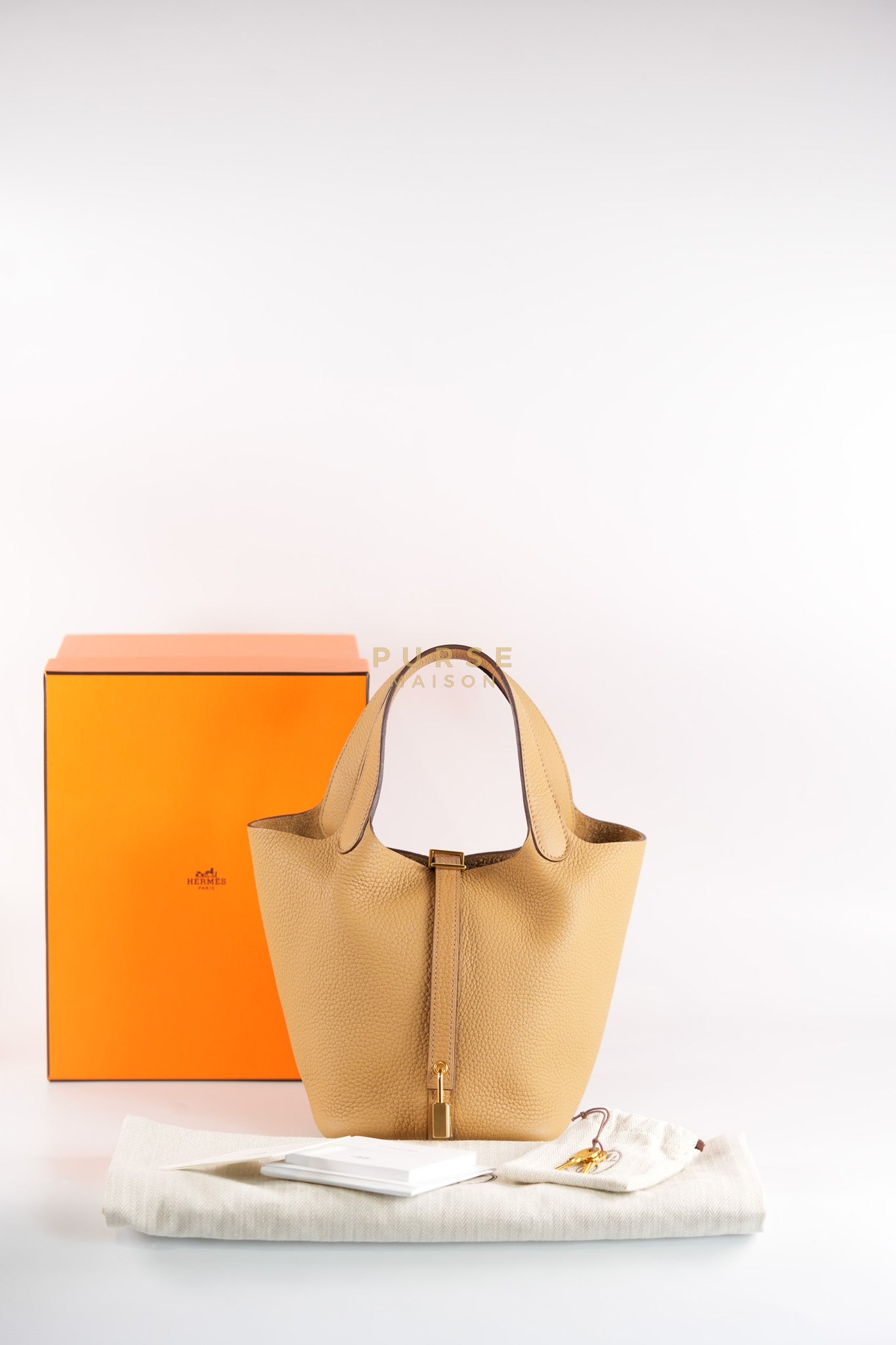 Picotin Lock 18 in Biscuit Taurillon Clemence Leather & Gold Hardware Stamp B (2023) | Purse Maison Luxury Bags Shop