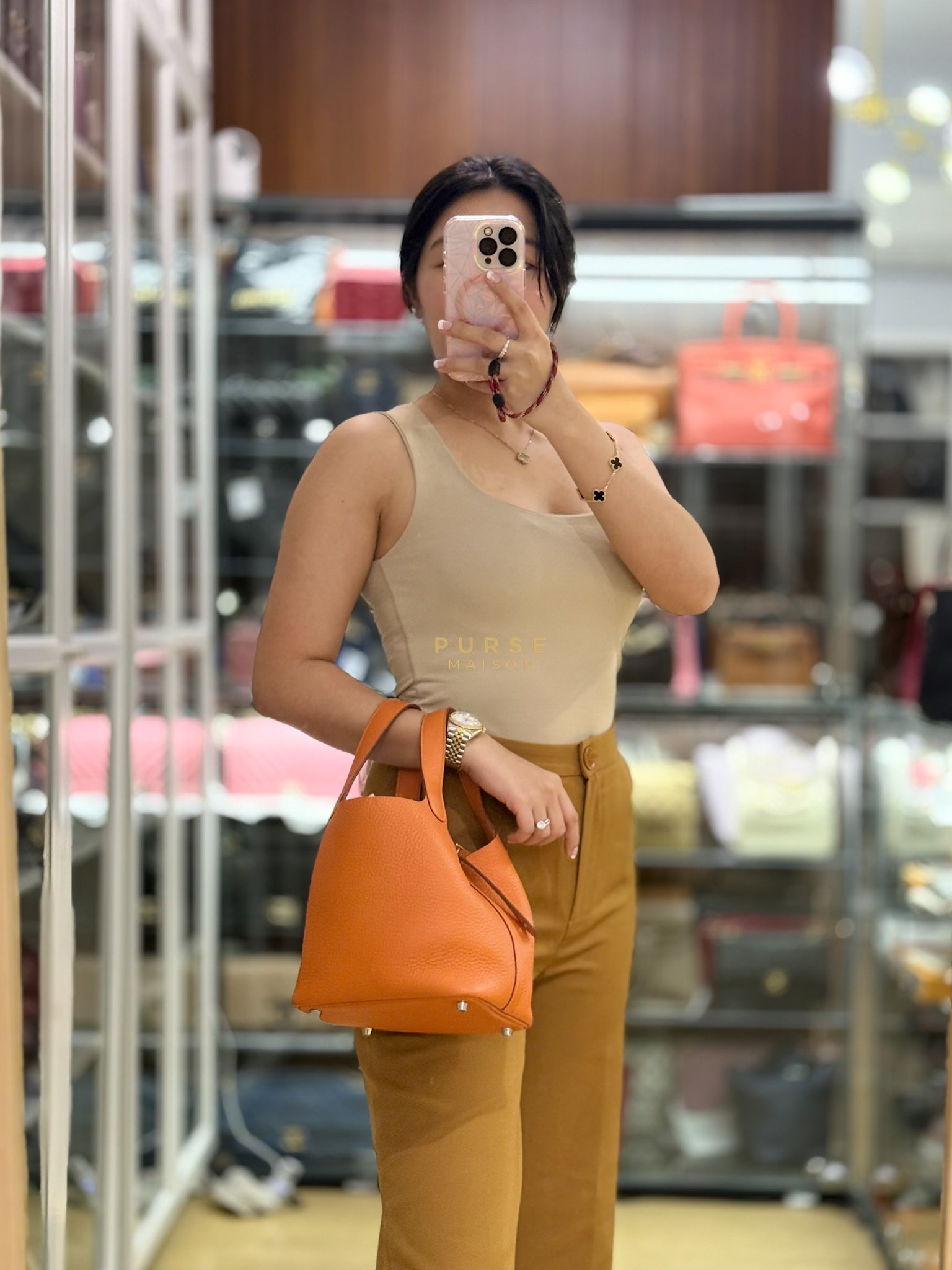 Picotin Lock 18 Taurillion Clemence Orange & Palladium Hardware Stamp B | Purse Maison Luxury Bags Shop